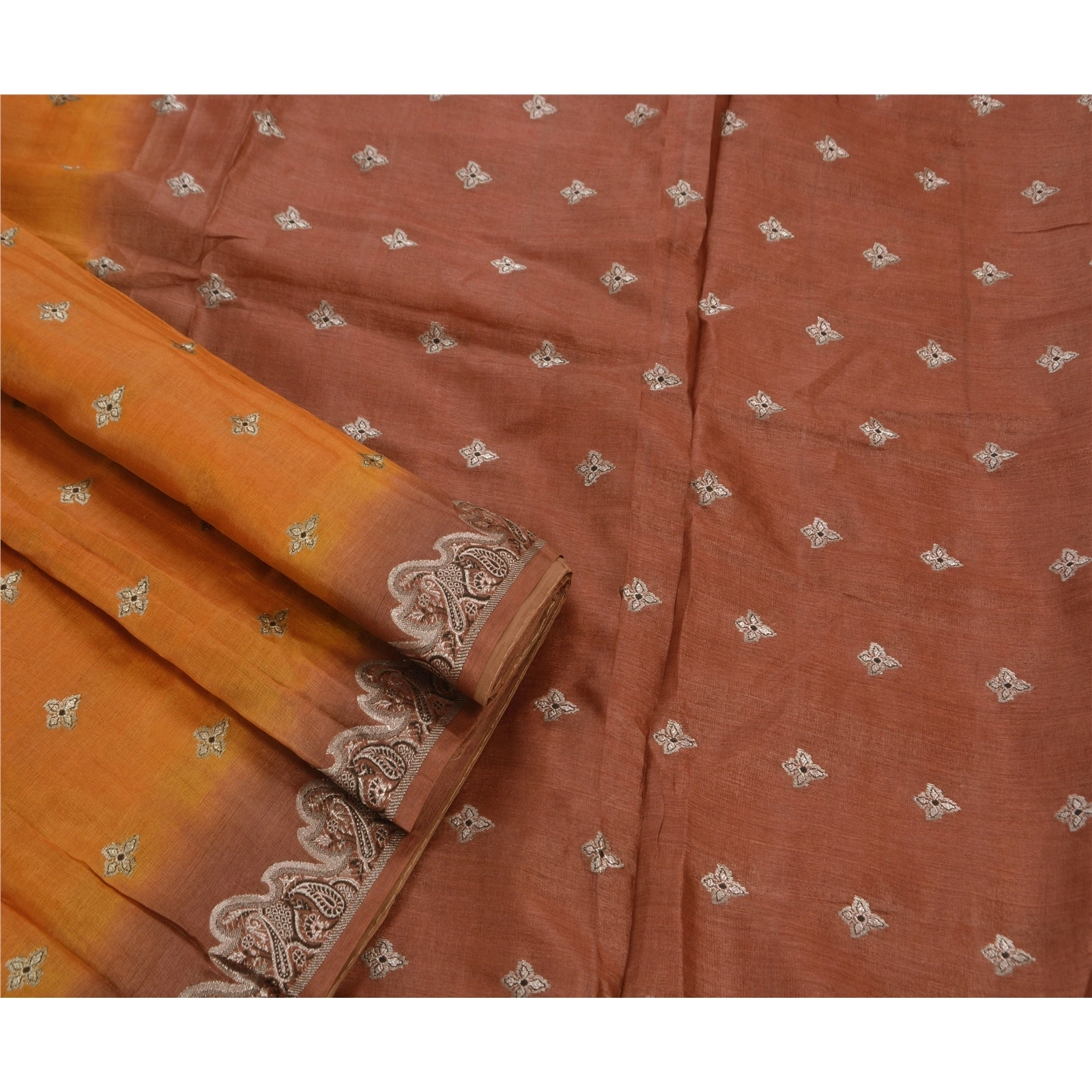 Sanskriti Vintage Indian Sarees 100% Pure Silk Woven Craft Fabric Orange Sari, PS-47480-Orange-Woven Work-100% Pure Silk-2