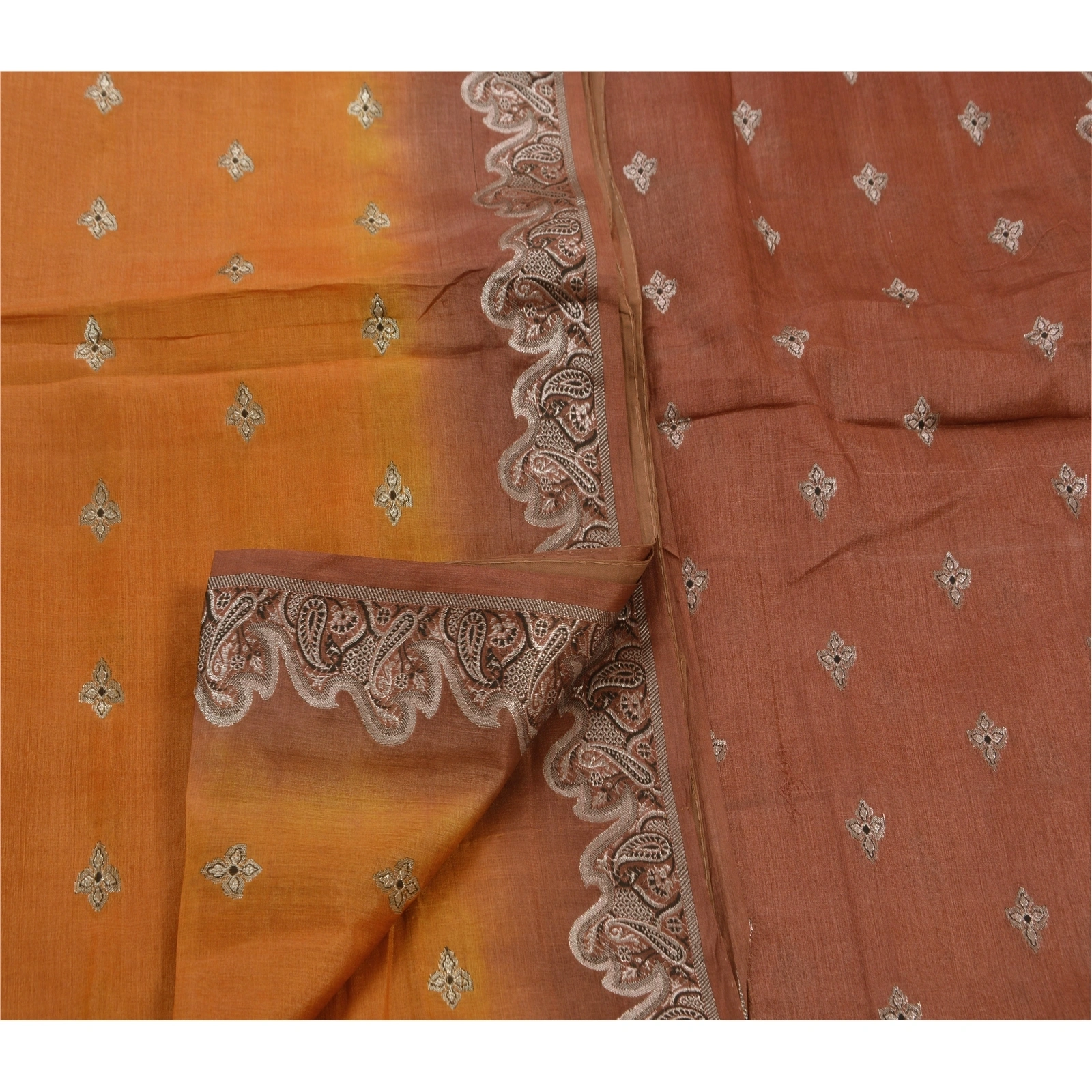 Sanskriti Vintage Indian Sarees 100% Pure Silk Woven Craft Fabric Orange Sari, PS-47480-Orange-Woven Work-100% Pure Silk-3