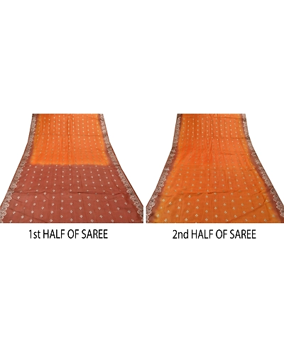 Sanskriti Vintage Indian Sarees 100% Pure Silk Woven Craft Fabric Orange Sari, PS-47480-Orange-Woven Work-100% Pure Silk-4
