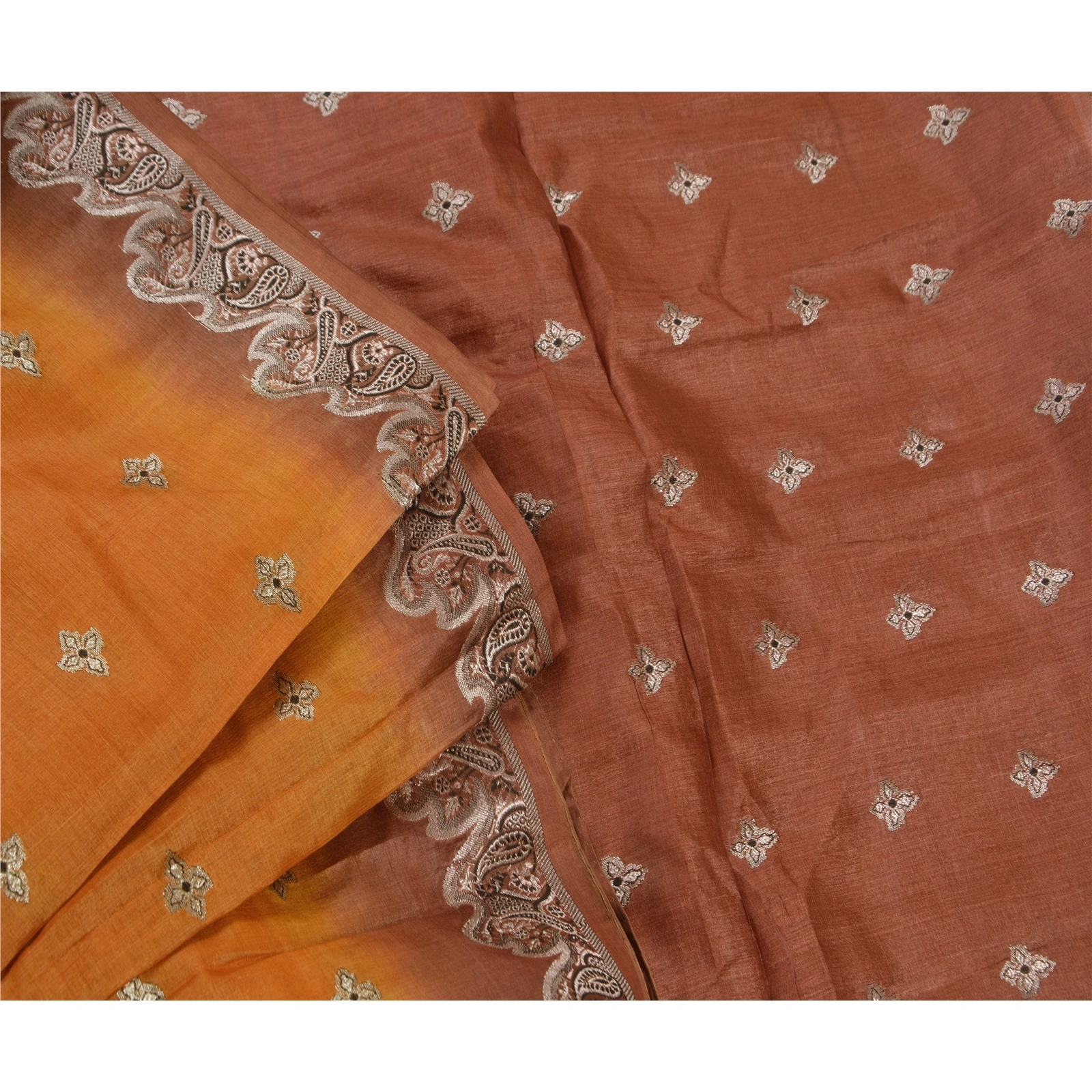 Sanskriti Vintage Indian Sarees 100% Pure Silk Woven Craft Fabric Orange Sari, PS-47480-Orange-Woven Work-100% Pure Silk-6