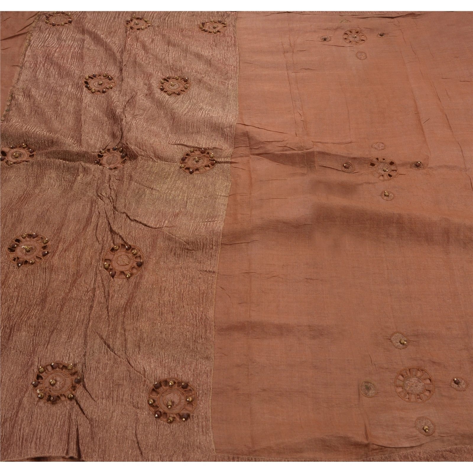 Sanskriti Vintage Indian Sarees 100% Pure Silk Hand Beaded Fabric Premium Sari, PS-47503-Brown-Hand Beaded With Patch Work &amp; Wooden Beads-100% Pure Silk-1