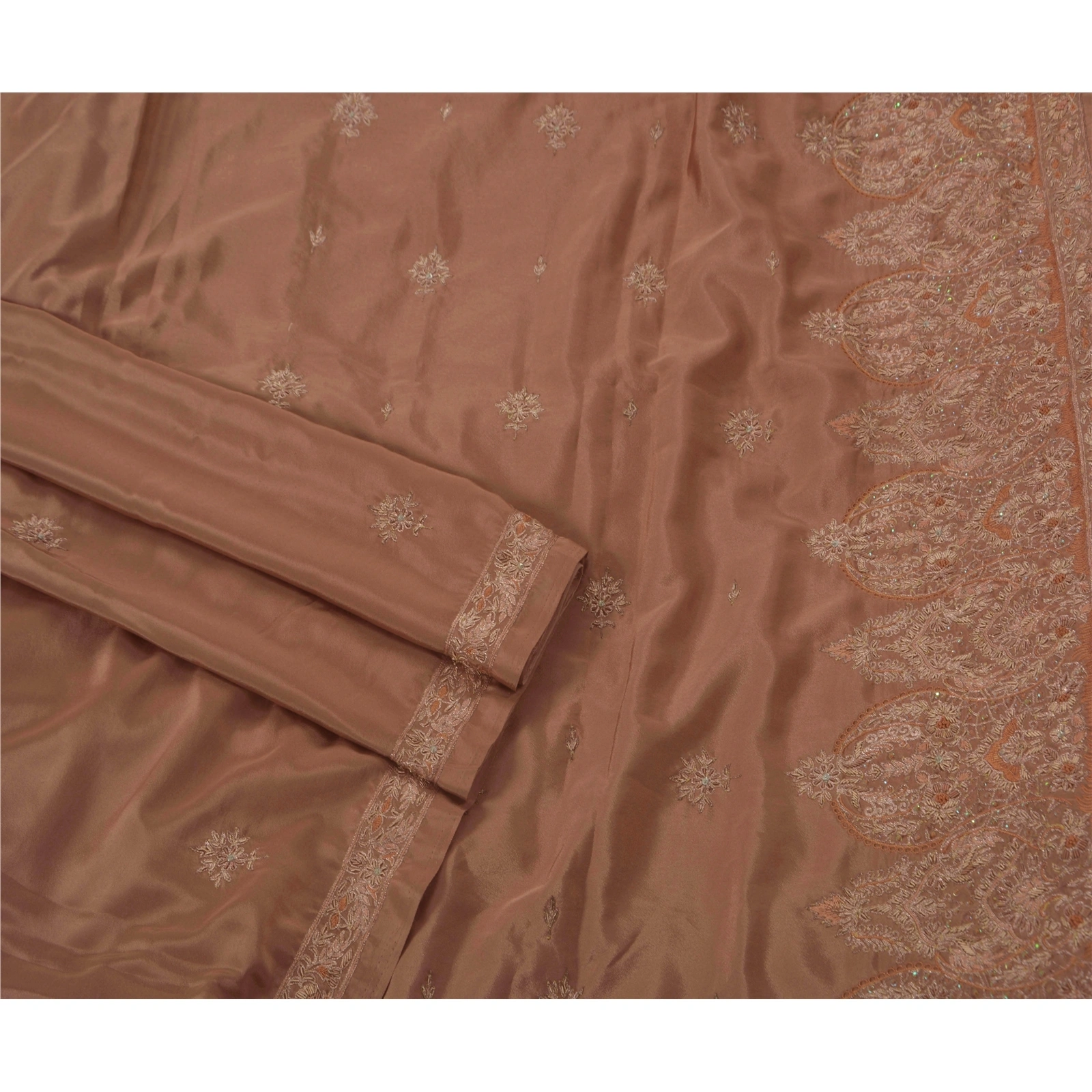 Sanskriti Vintage Sarees Art Silk Hand Beaded Fabric Premium 5 Yd Cultural Sari, PS-47547-Brown-Zari Work-Crepe Silk-1