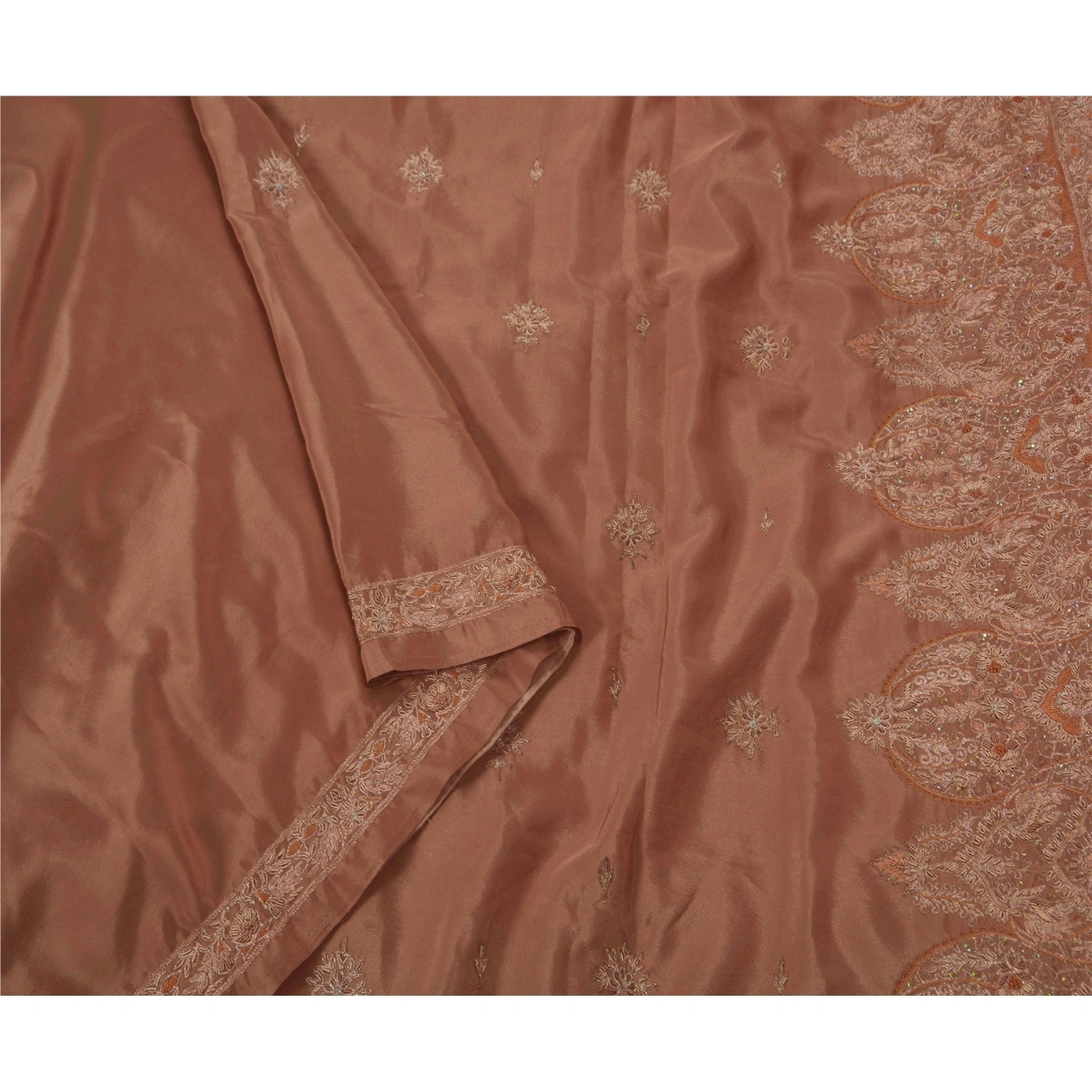 Sanskriti Vintage Sarees Art Silk Hand Beaded Fabric Premium 5 Yd Cultural Sari, PS-47547-Brown-Zari Work-Crepe Silk-2