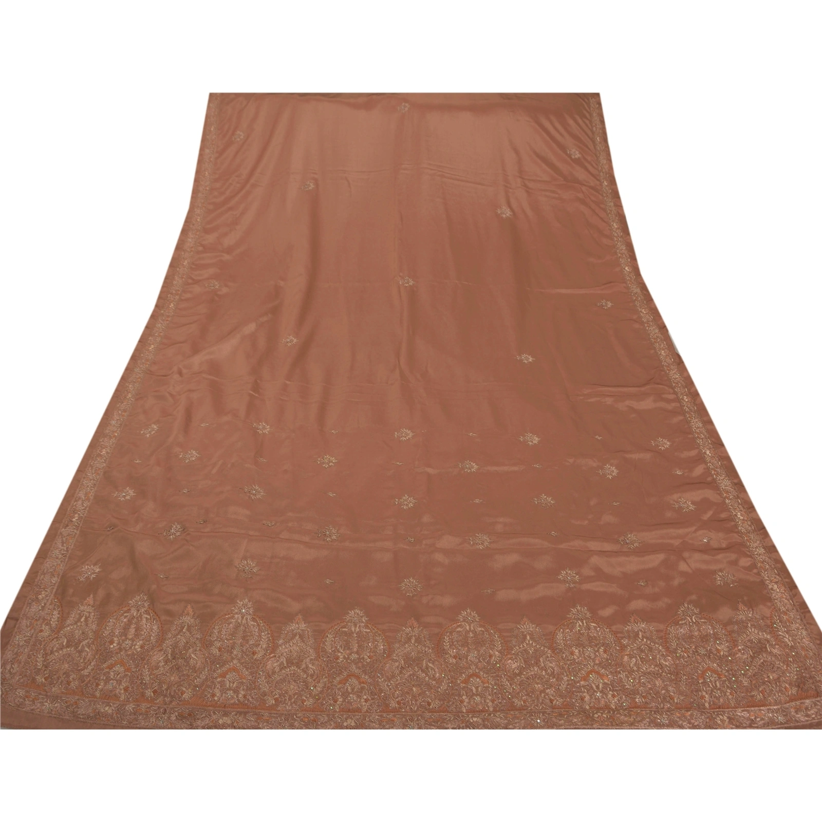 Sanskriti Vintage Sarees Art Silk Hand Beaded Fabric Premium 5 Yd Cultural Sari, PS-47547-Brown-Zari Work-Crepe Silk-6