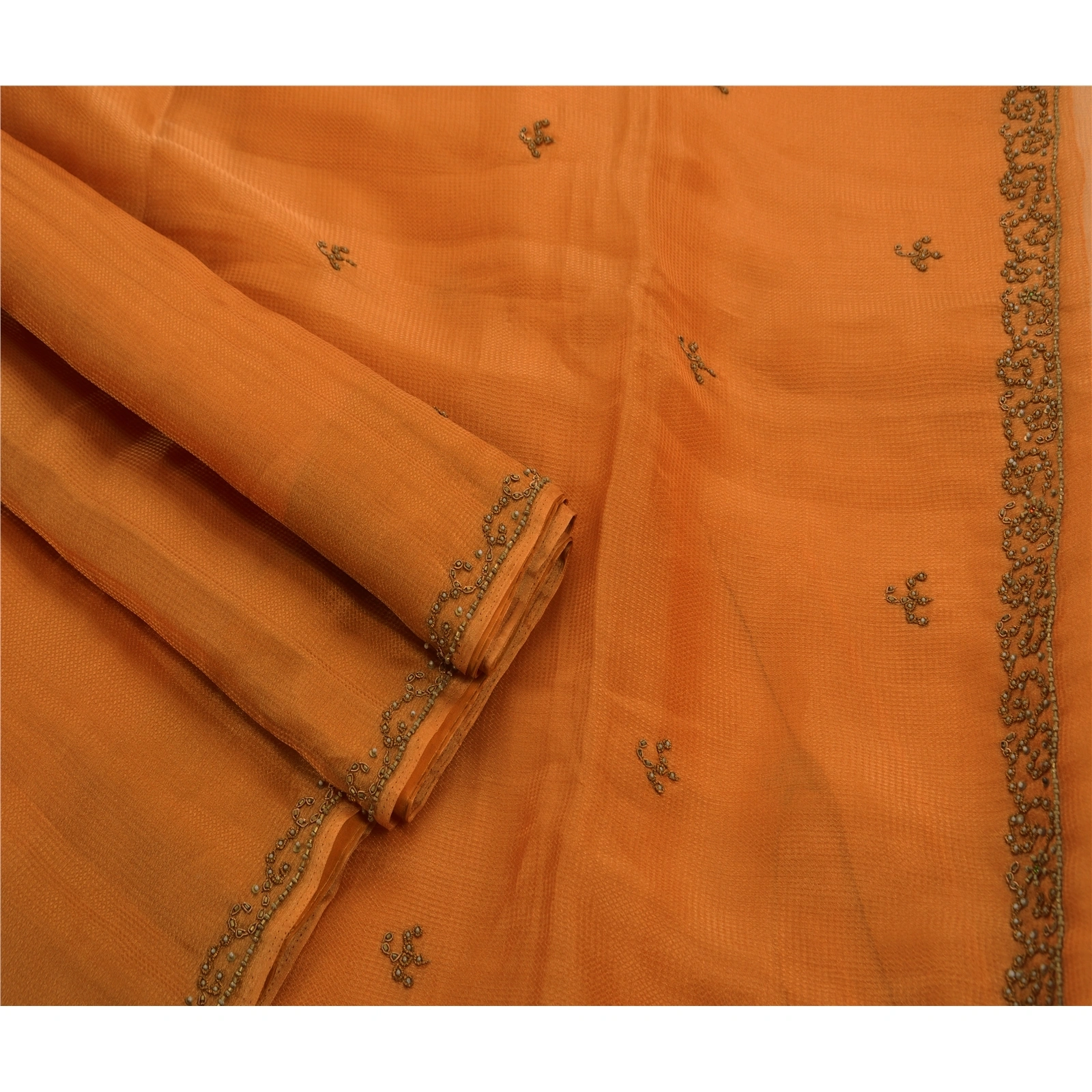 Sanskriti Vintage Orange Sarees Art Silk Hand Embroidery Fabric Premium Sari, PS-47727-Orange-Hand Beaded With Zardozi Work &amp; Sequins-Art Silk-2