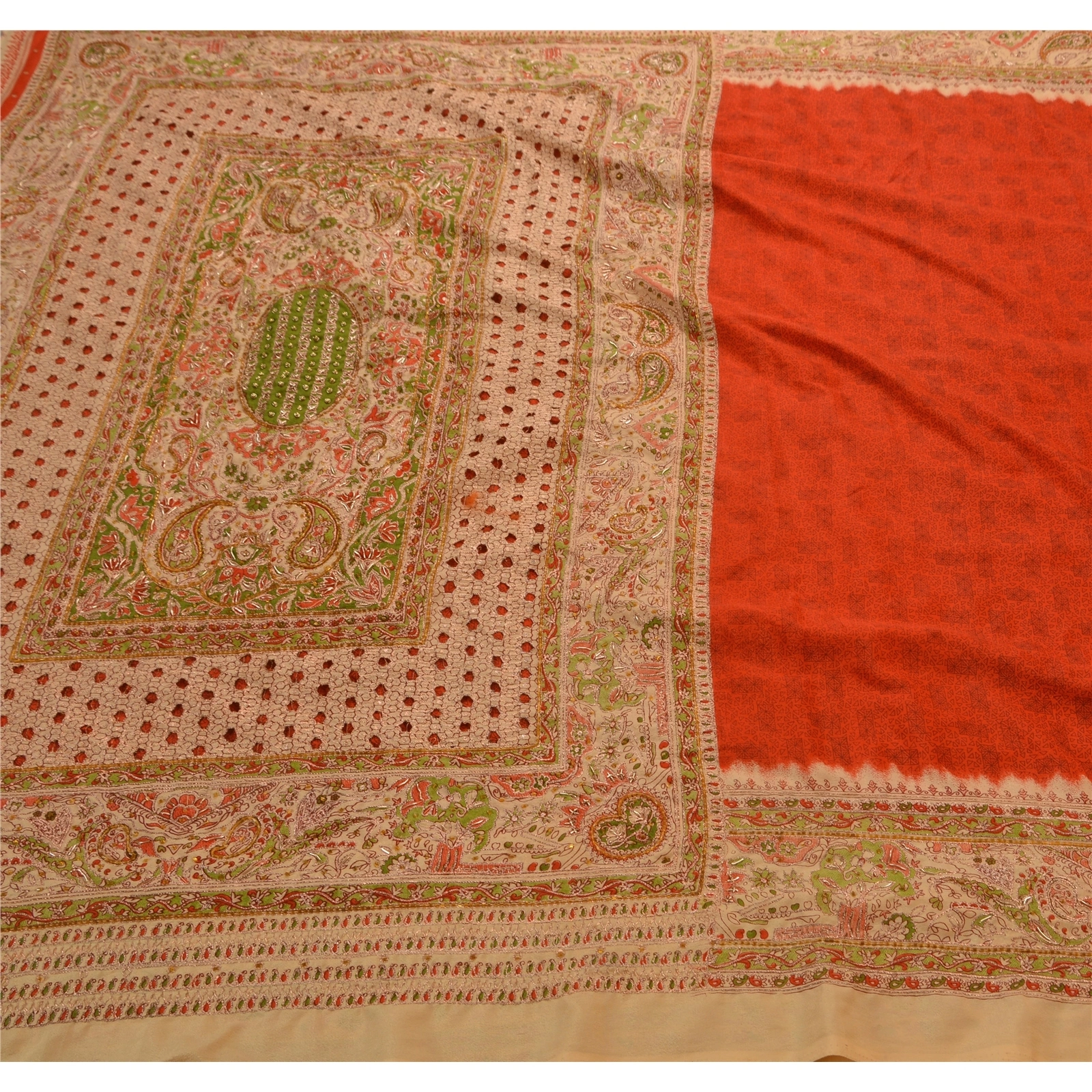 Sanskriti Vintage Sarees Art Silk Hand Embroidery Red 5 Yard Fabric Premium Sari, PS-47735-Red-Hand Beaded With Zari Work &amp; Glass Beads-Art Silk-1