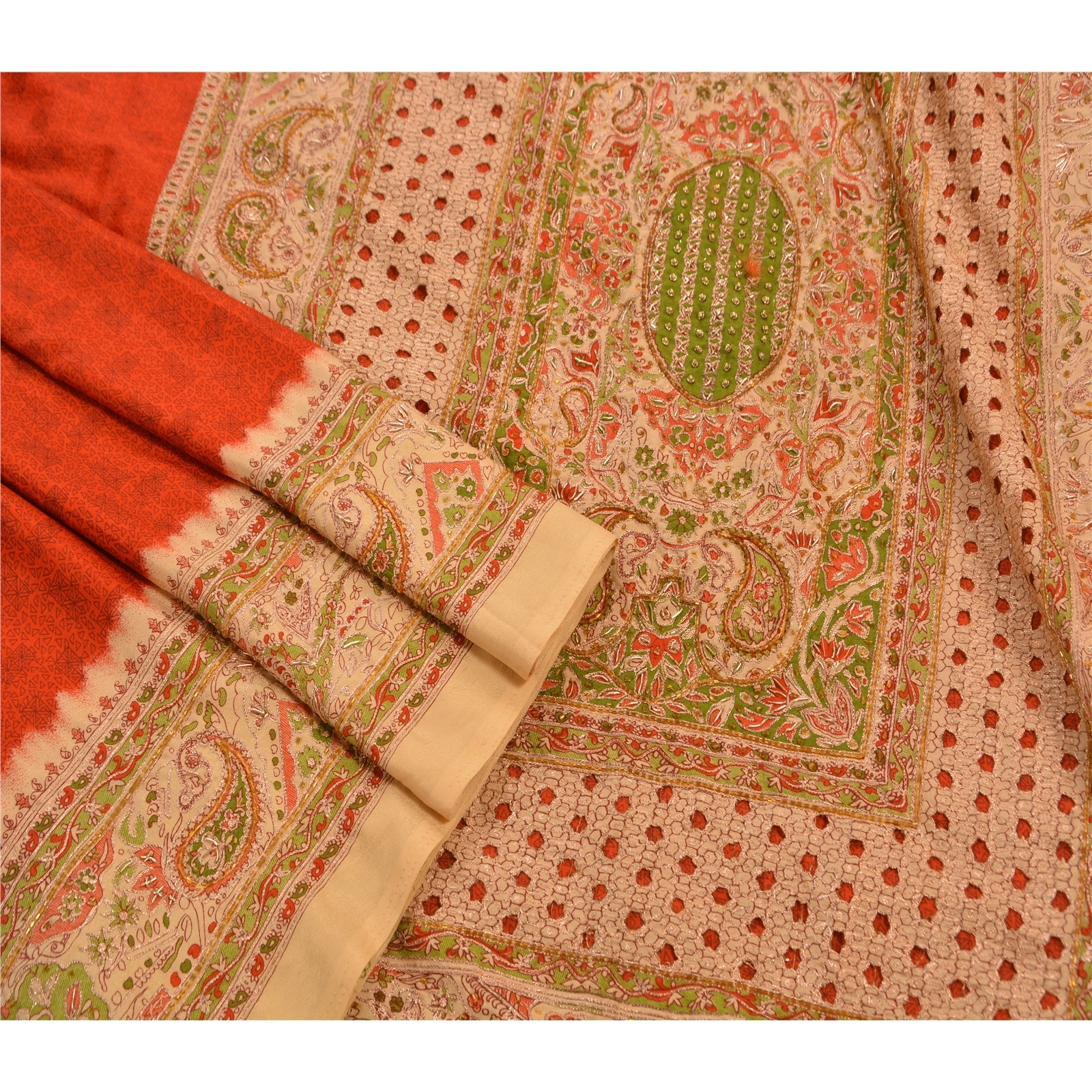 Sanskriti Vintage Sarees Art Silk Hand Embroidery Red 5 Yard Fabric Premium Sari, PS-47735-Red-Hand Beaded With Zari Work &amp; Glass Beads-Art Silk-2