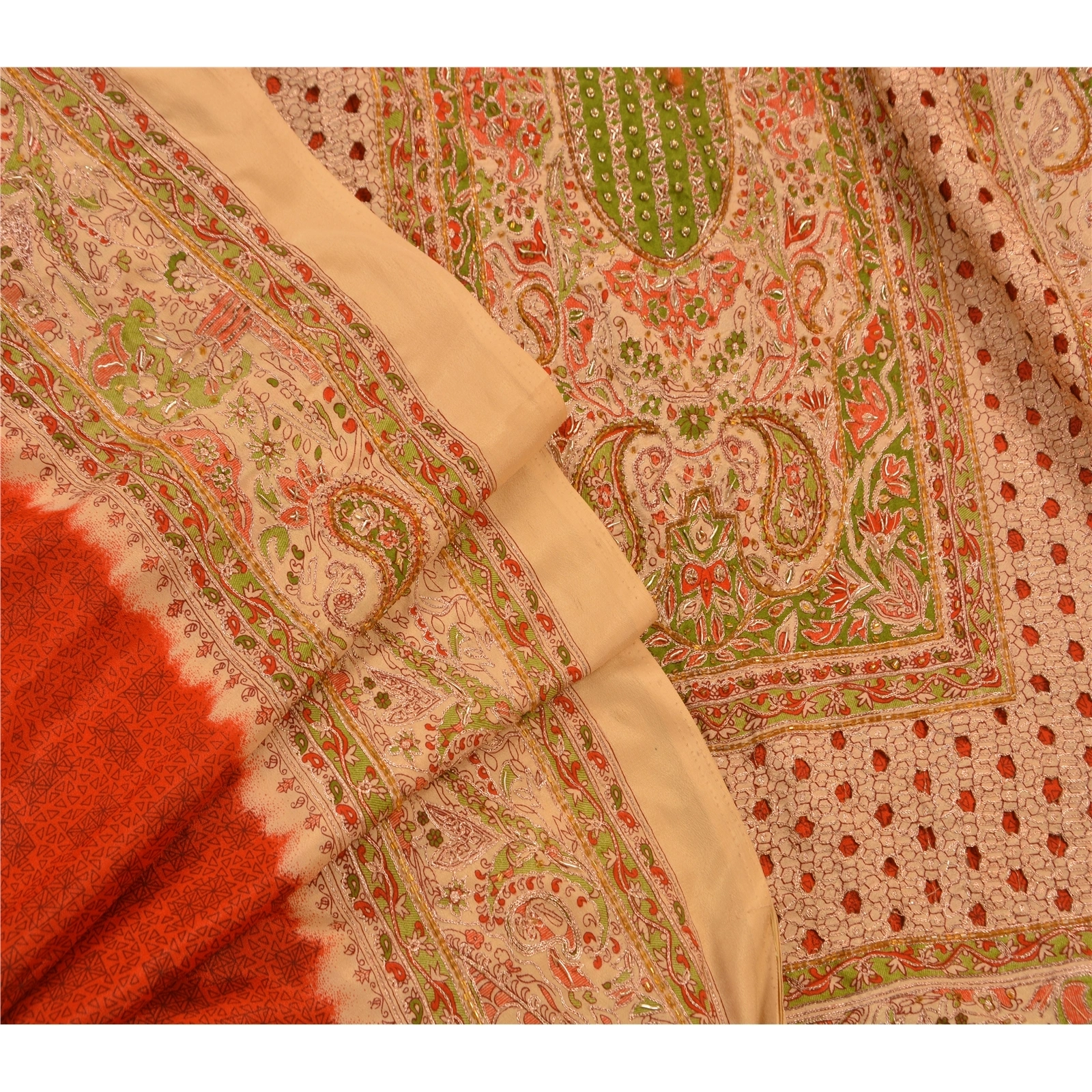 Sanskriti Vintage Sarees Art Silk Hand Embroidery Red 5 Yard Fabric Premium Sari, PS-47735-Red-Hand Beaded With Zari Work &amp; Glass Beads-Art Silk-6