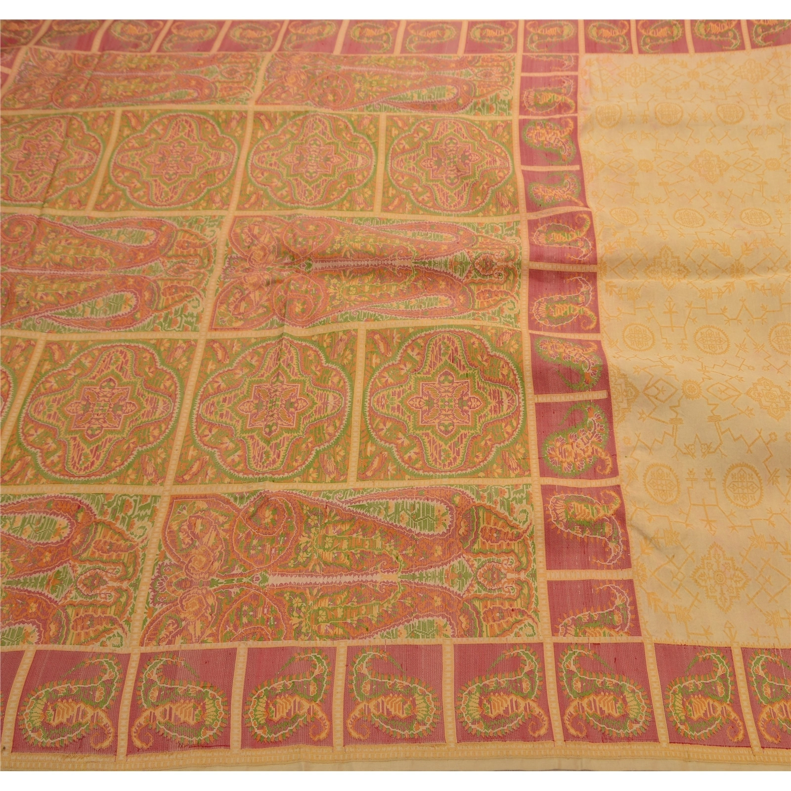 Sanskriti Vintage Cream Indian Sarees 100% Pure Silk Woven Fabric Cultural Sari, PS-47742-Cream-Woven Work-100% Pure Silk-1