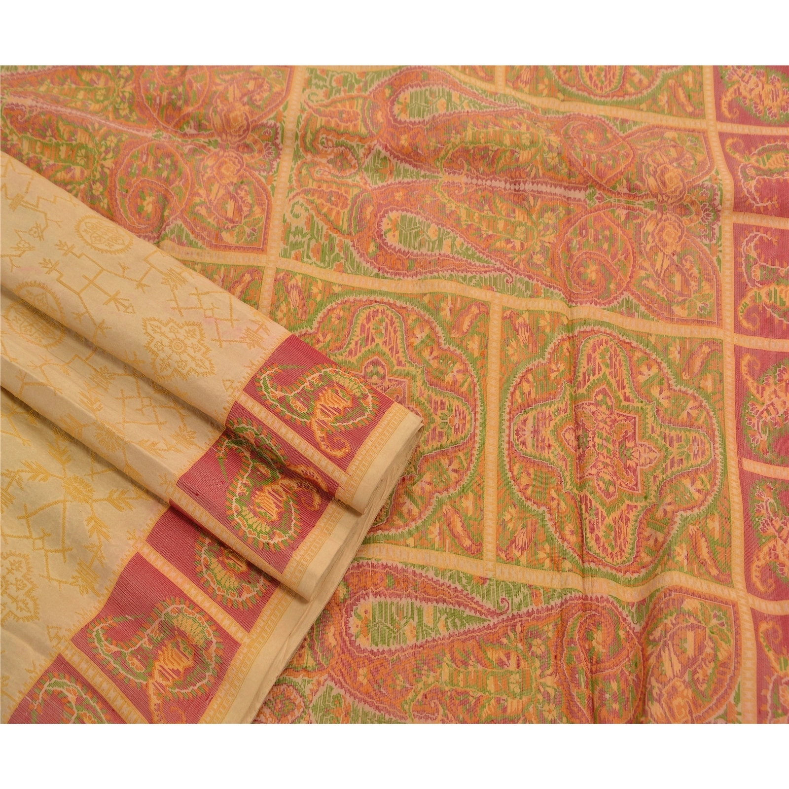 Sanskriti Vintage Cream Indian Sarees 100% Pure Silk Woven Fabric Cultural Sari, PS-47742-Cream-Woven Work-100% Pure Silk-2