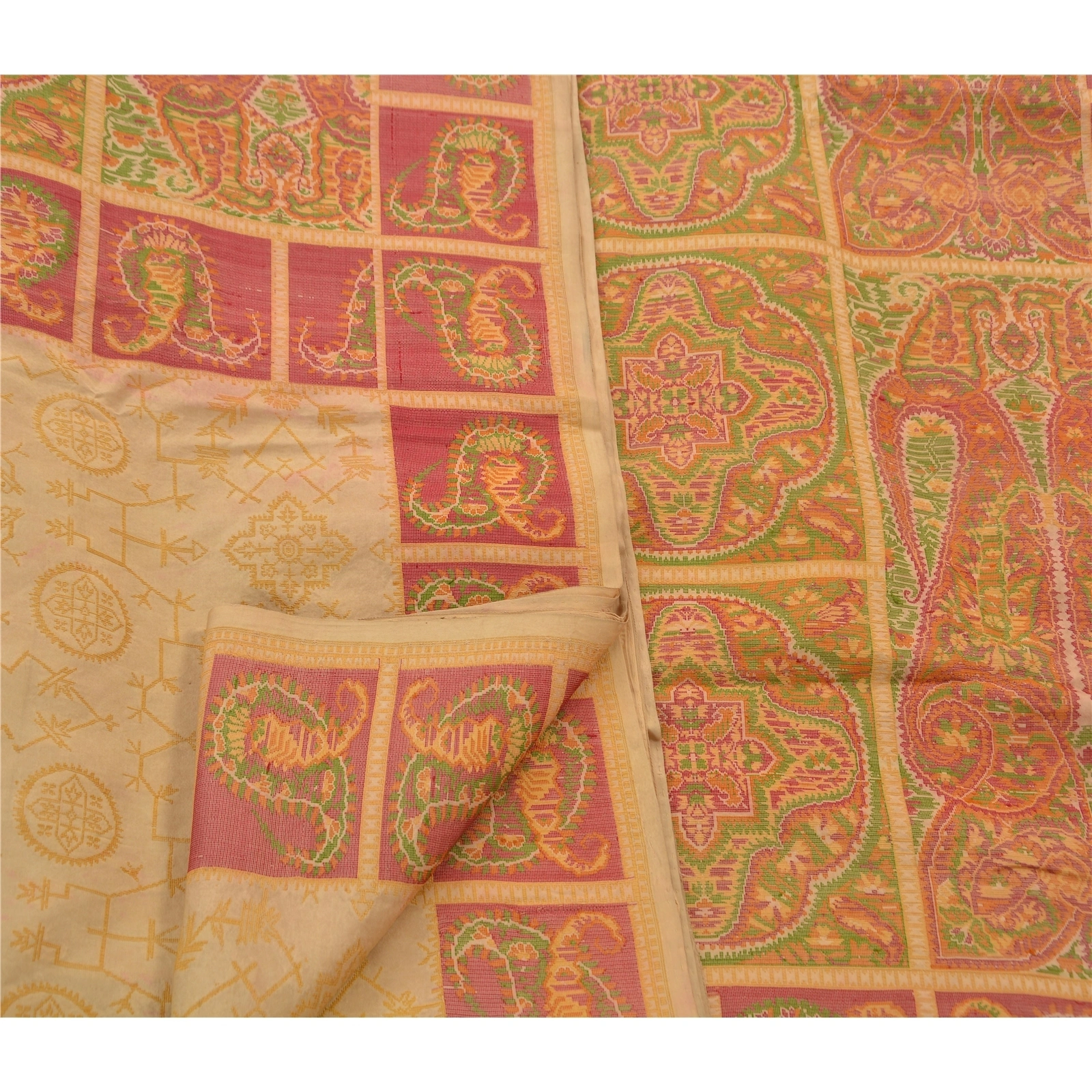 Sanskriti Vintage Cream Indian Sarees 100% Pure Silk Woven Fabric Cultural Sari, PS-47742-Cream-Woven Work-100% Pure Silk-3