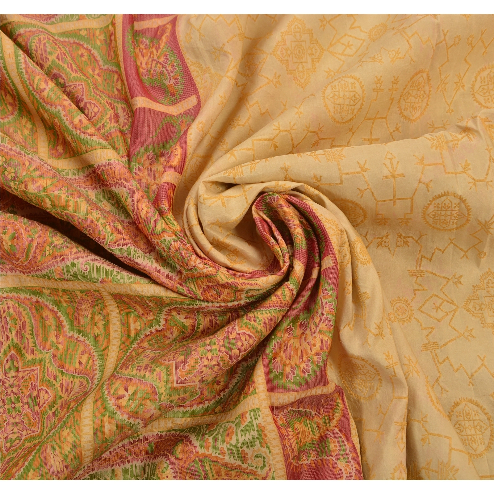 Sanskriti Vintage Cream Indian Sarees 100% Pure Silk Woven Fabric Cultural Sari, PS-47742-Cream-Woven Work-100% Pure Silk-5