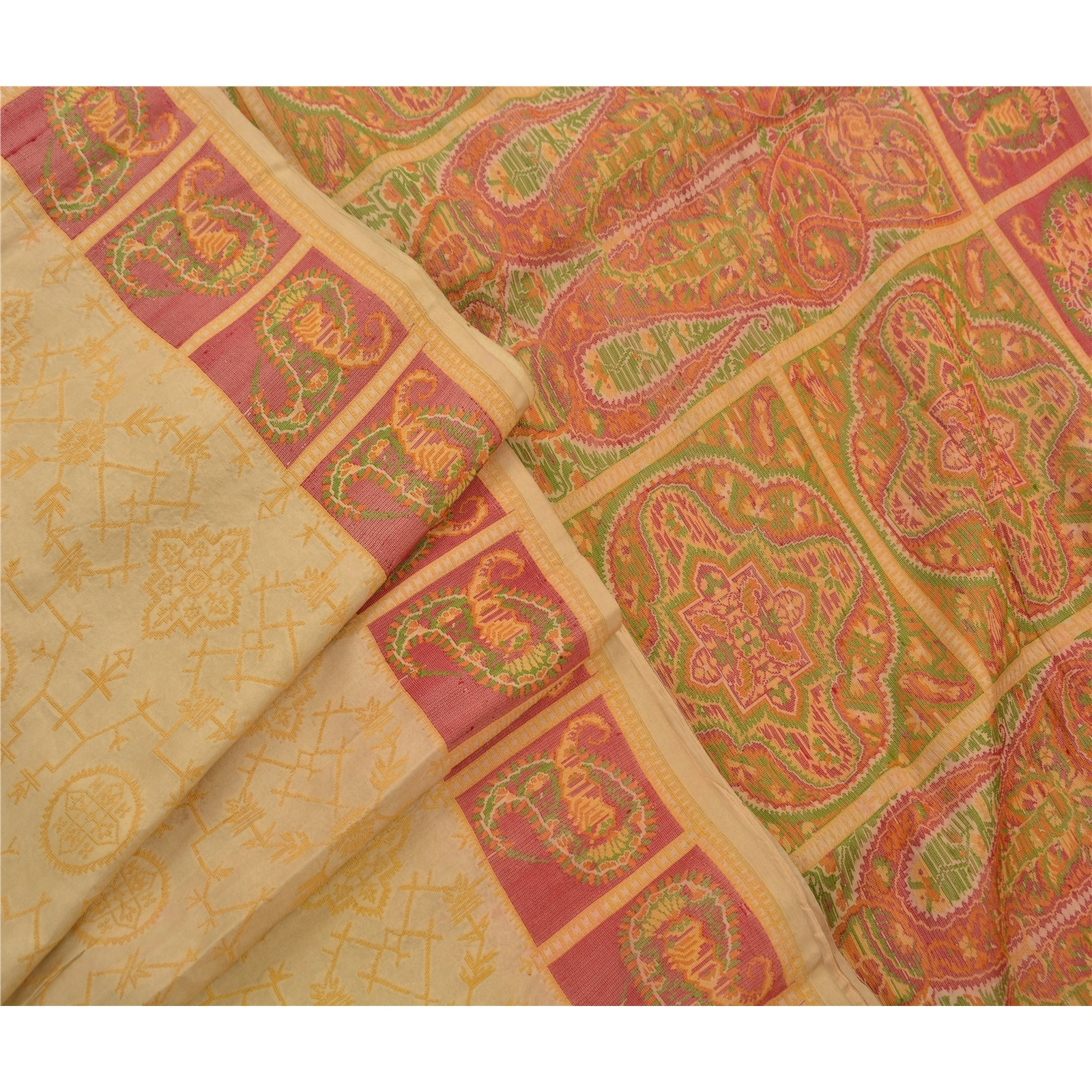 Sanskriti Vintage Cream Indian Sarees 100% Pure Silk Woven Fabric Cultural Sari, PS-47742-Cream-Woven Work-100% Pure Silk-6