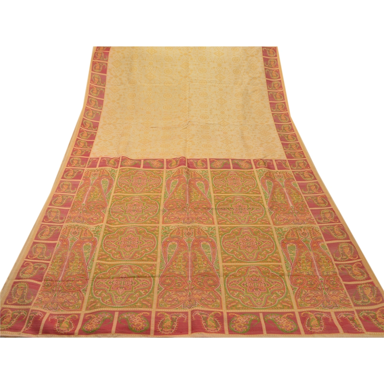 Sanskriti Vintage Cream Indian Sarees 100% Pure Silk Woven Fabric Cultural Sari, PS-47742-Cream-Woven Work-100% Pure Silk-7