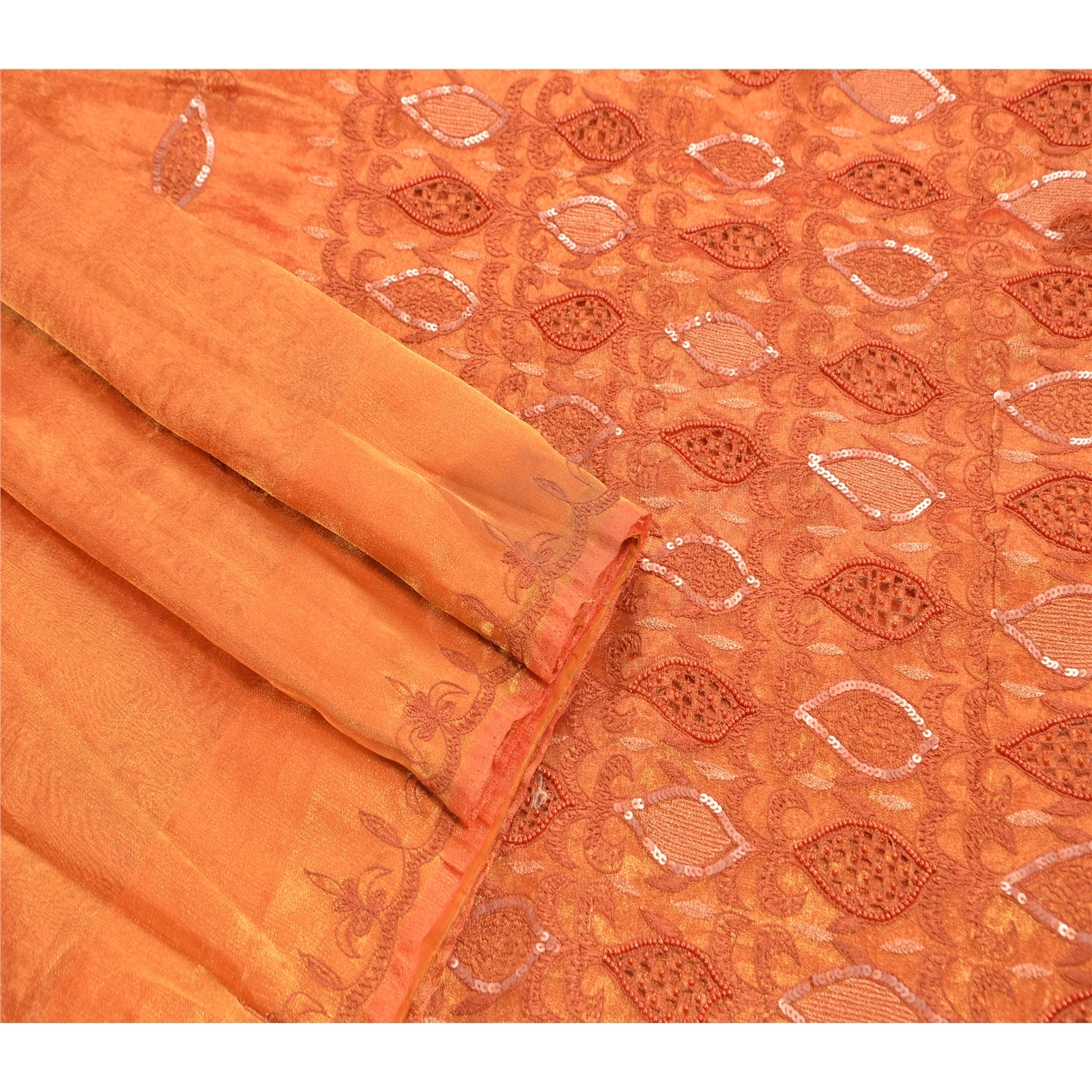 Sanskriti Vintage Golden Sarees Tissue Hand Embroidery Fabric Premium Sari, PS-47872-Golden-Sequins Work-Tissue-2