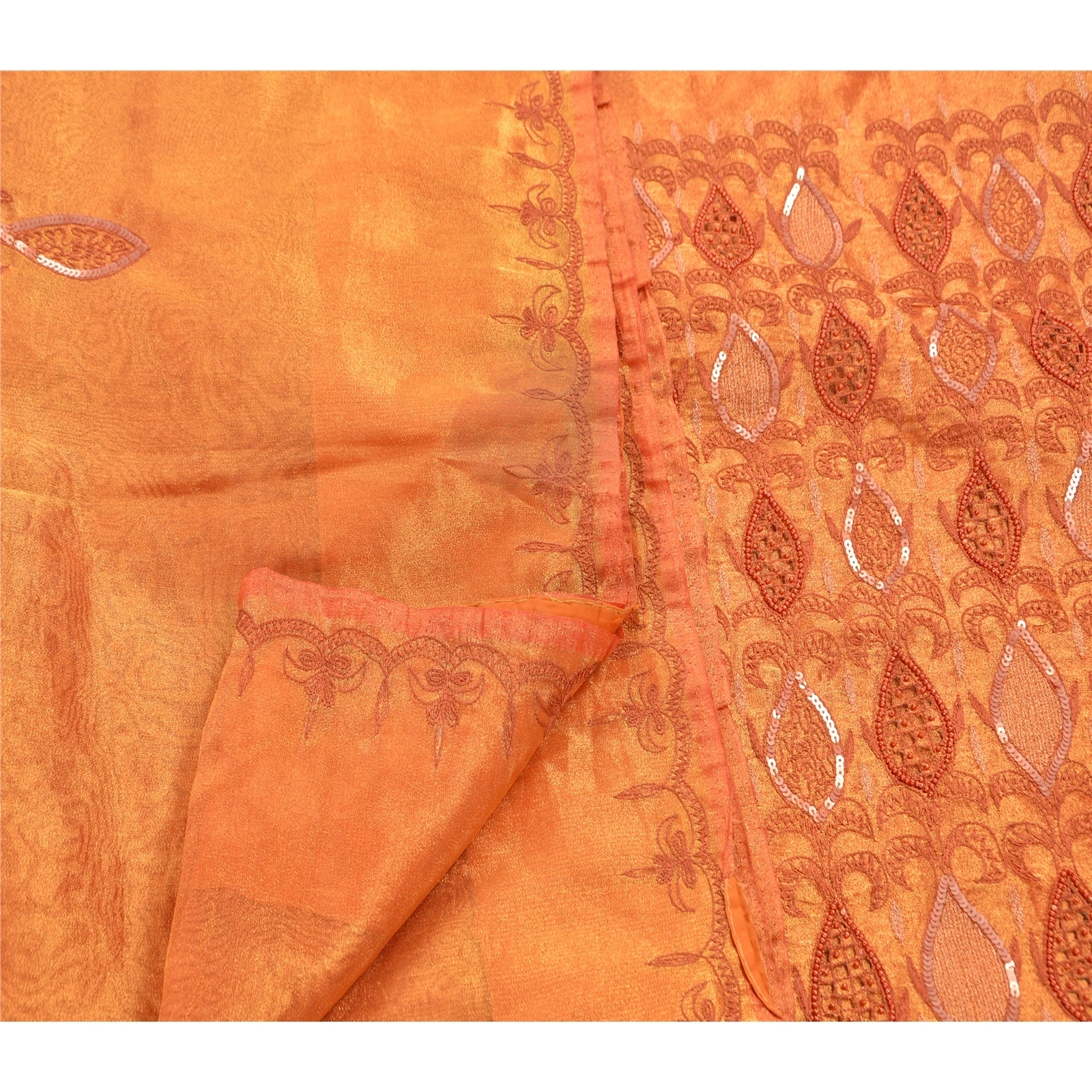 Sanskriti Vintage Golden Sarees Tissue Hand Embroidery Fabric Premium Sari, PS-47872-Golden-Sequins Work-Tissue-3