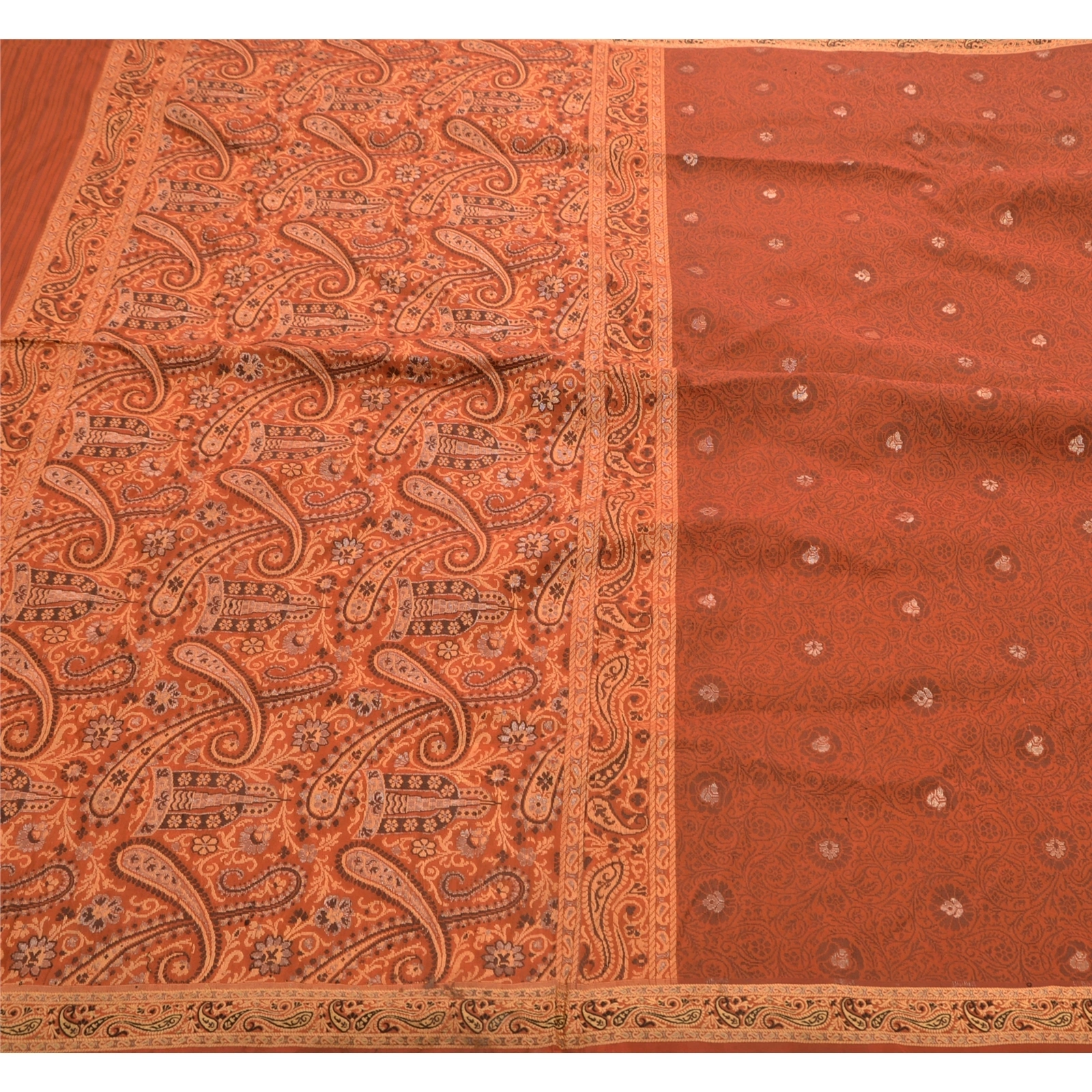 Sanskriti Vintage Indian Sarees 100% Pure Silk Woven Craft Fabric Premium Sari, PS-47906-Orange-Woven Work-100% Pure Silk-1