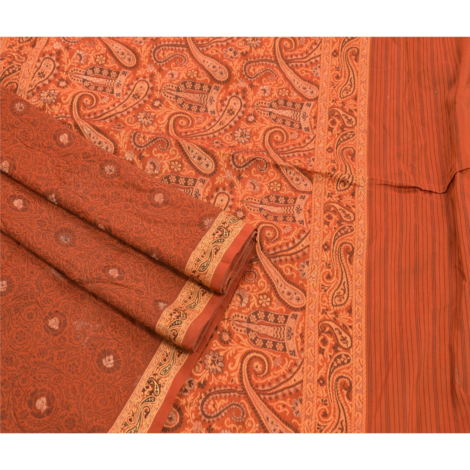 Sanskriti Vintage Indian Sarees 100% Pure Silk Woven Craft Fabric Premium Sari, PS-47906-Orange-Woven Work-100% Pure Silk-2