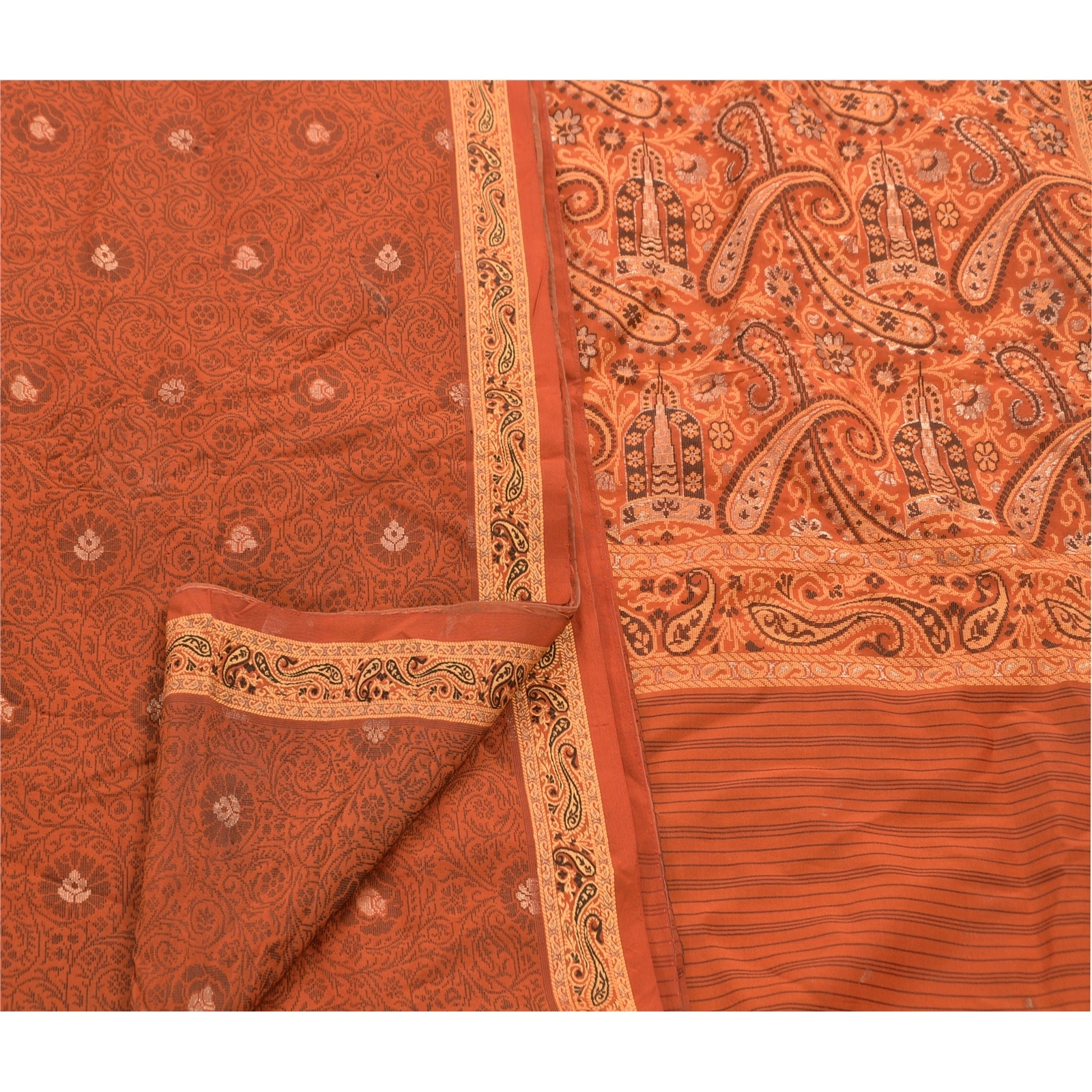 Sanskriti Vintage Indian Sarees 100% Pure Silk Woven Craft Fabric Premium Sari, PS-47906-Orange-Woven Work-100% Pure Silk-3