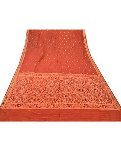 Sanskriti Vintage Indian Sarees 100% Pure Silk Woven Craft Fabric Premium Sari, PS-47906-Orange-Woven Work-100% Pure Silk-7
