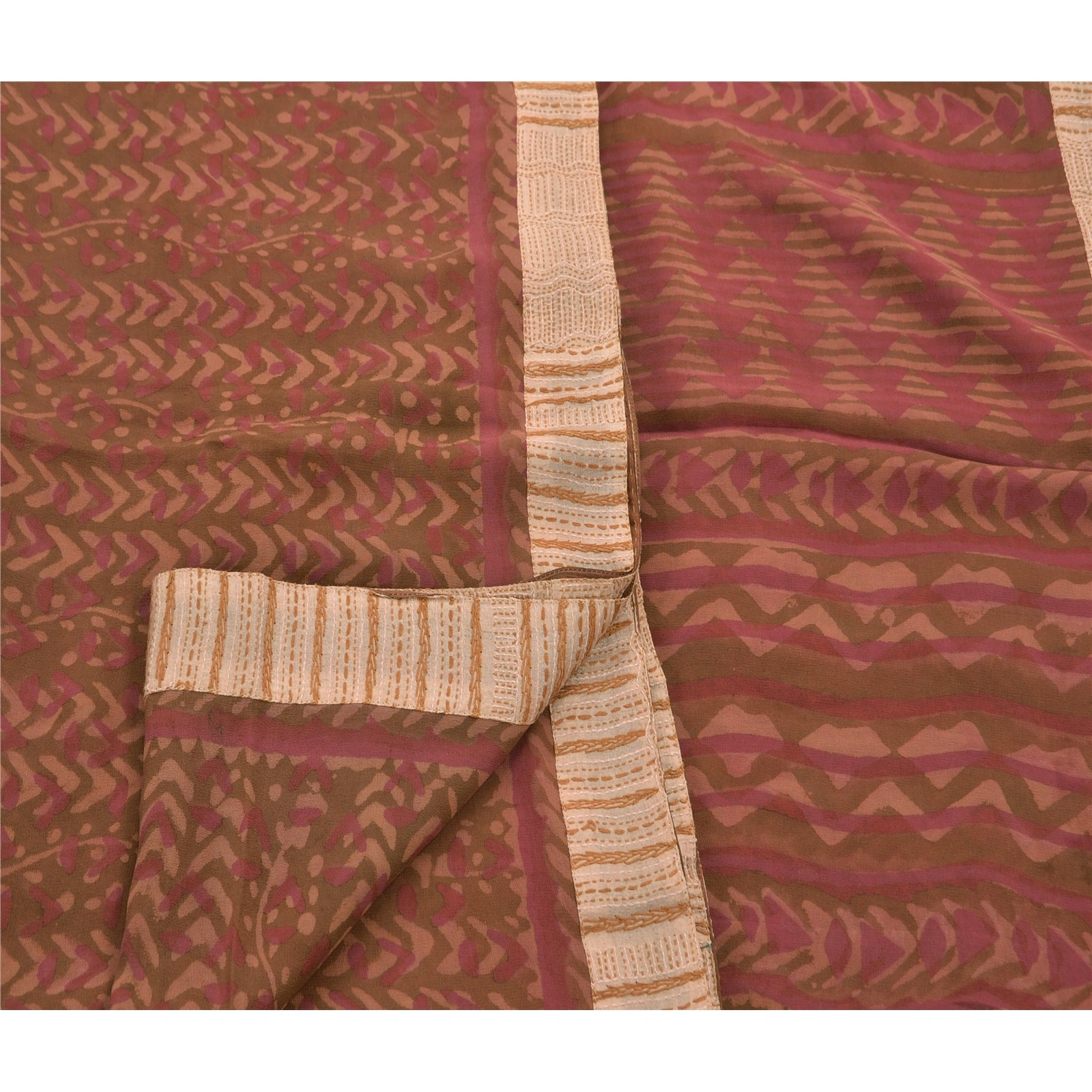 Sanskriti Vintage Sarees Pure Georgette Silk Embroidered Fabric Premium Sari, PS-47973-Brown-Patch Work-100% Pure Georgette Silk-3