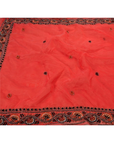 Sanskriti Vintage Orange Sarees Art Silk Hand Beaded Craft Fabric Cultural Sari, PS-48159-Orange-Sequins Work With Glass Beads-Art Silk-1