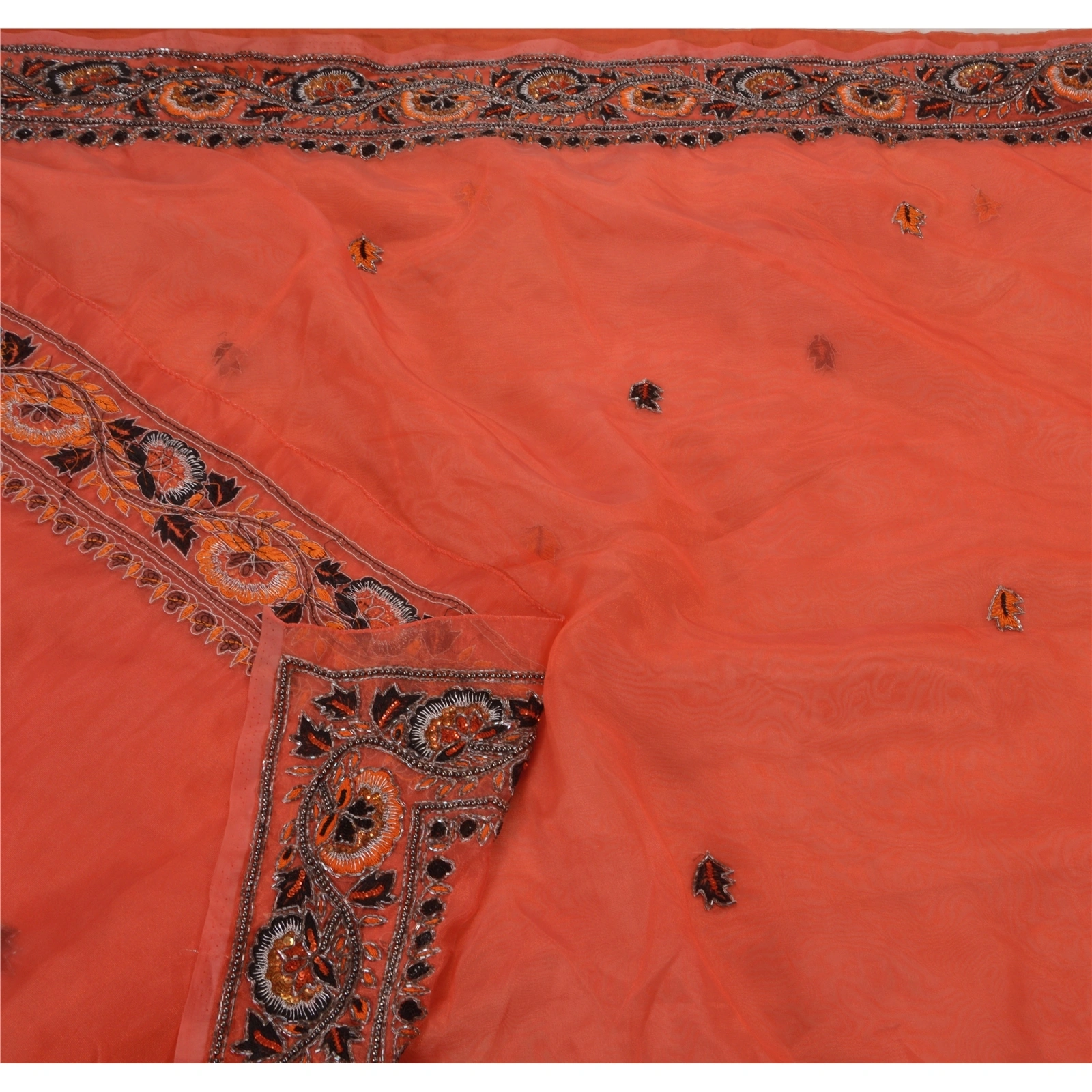 Sanskriti Vintage Orange Sarees Art Silk Hand Beaded Craft Fabric Cultural Sari, PS-48159-Orange-Sequins Work With Glass Beads-Art Silk-2