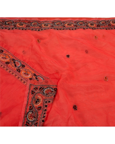 Sanskriti Vintage Orange Sarees Art Silk Hand Beaded Craft Fabric Cultural Sari, PS-48159-Orange-Sequins Work With Glass Beads-Art Silk-2