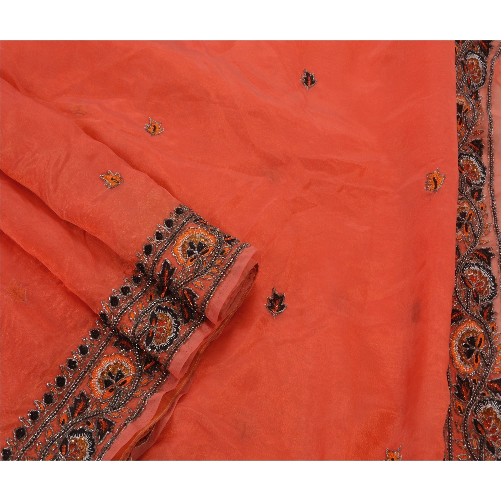 Sanskriti Vintage Orange Sarees Art Silk Hand Beaded Craft Fabric Cultural Sari, PS-48159-Orange-Sequins Work With Glass Beads-Art Silk-3