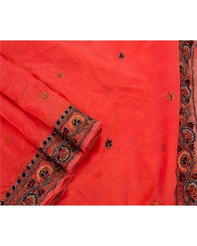 Sanskriti Vintage Orange Sarees Art Silk Hand Beaded Craft Fabric Cultural Sari, PS-48159-Orange-Sequins Work With Glass Beads-Art Silk-3
