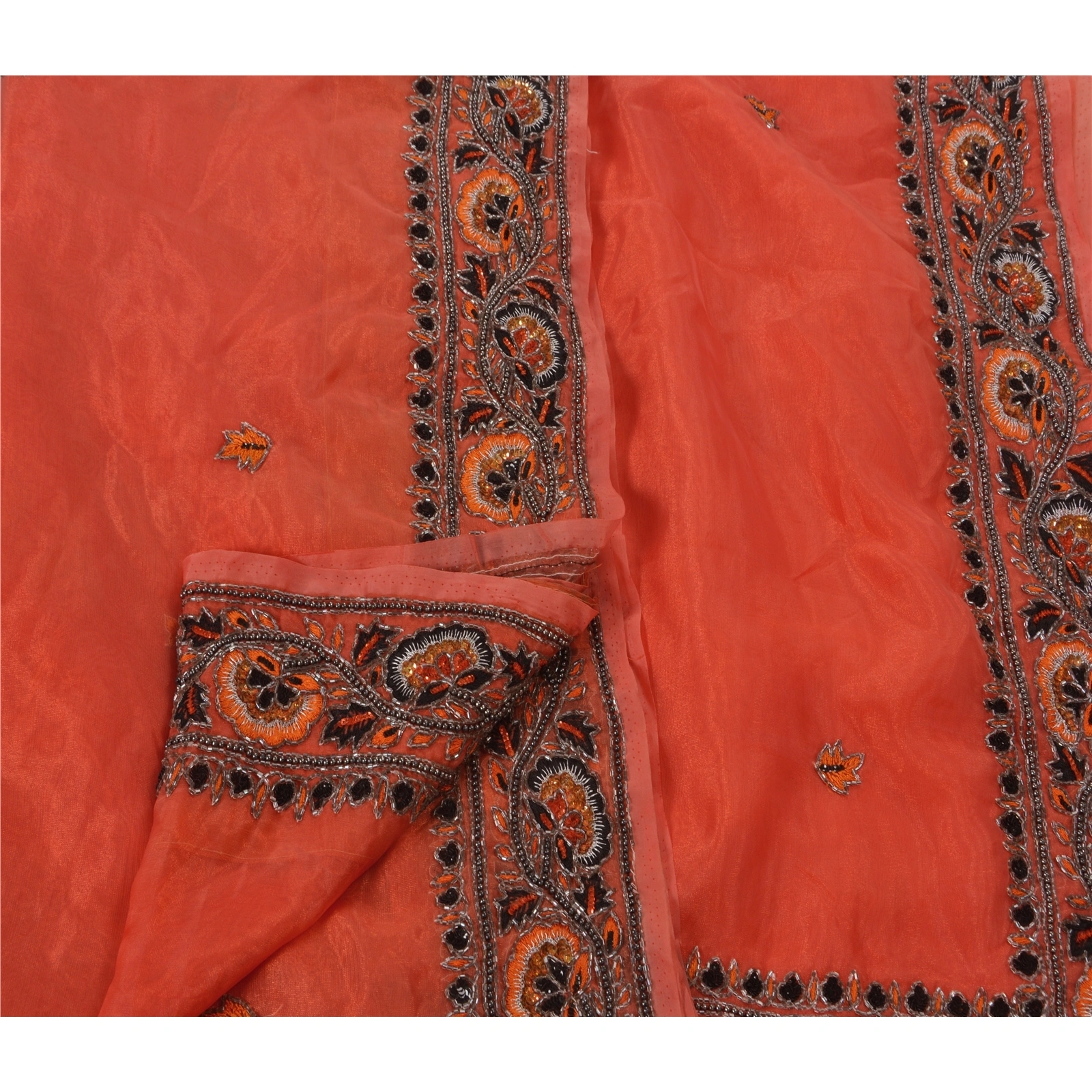 Sanskriti Vintage Orange Sarees Art Silk Hand Beaded Craft Fabric Cultural Sari, PS-48159-Orange-Sequins Work With Glass Beads-Art Silk-4