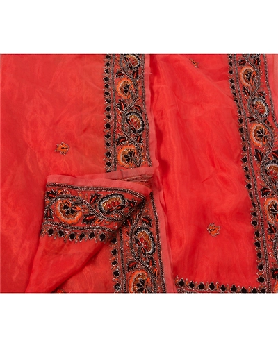 Sanskriti Vintage Orange Sarees Art Silk Hand Beaded Craft Fabric Cultural Sari, PS-48159-Orange-Sequins Work With Glass Beads-Art Silk-4