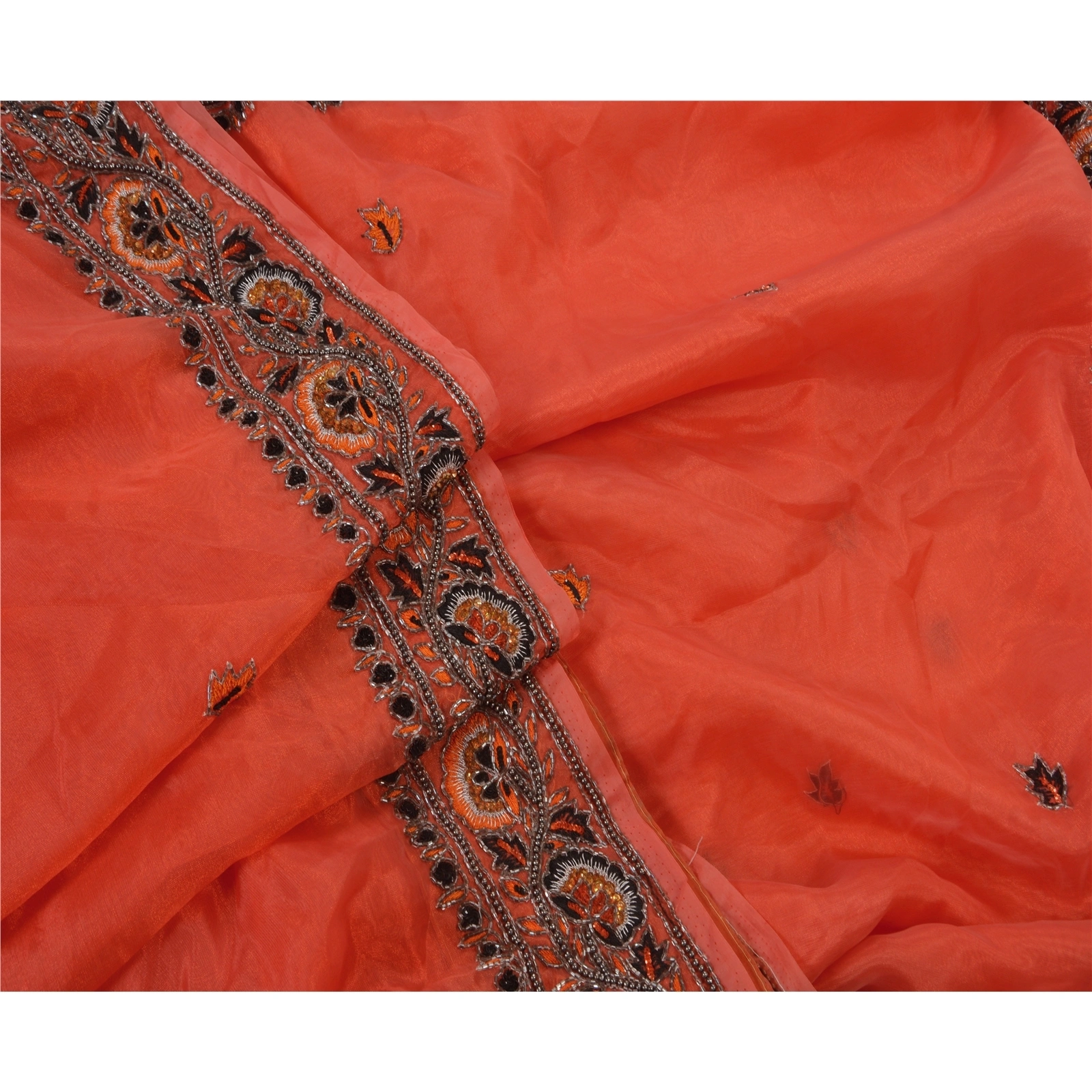 Sanskriti Vintage Orange Sarees Art Silk Hand Beaded Craft Fabric Cultural Sari, PS-48159-Orange-Sequins Work With Glass Beads-Art Silk-7