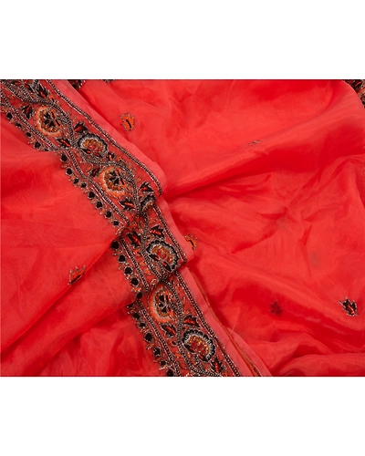 Sanskriti Vintage Orange Sarees Art Silk Hand Beaded Craft Fabric Cultural Sari, PS-48159-Orange-Sequins Work With Glass Beads-Art Silk-7