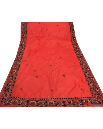 Sanskriti Vintage Orange Sarees Art Silk Hand Beaded Craft Fabric Cultural Sari, PS-48159-Orange-Sequins Work With Glass Beads-Art Silk-8