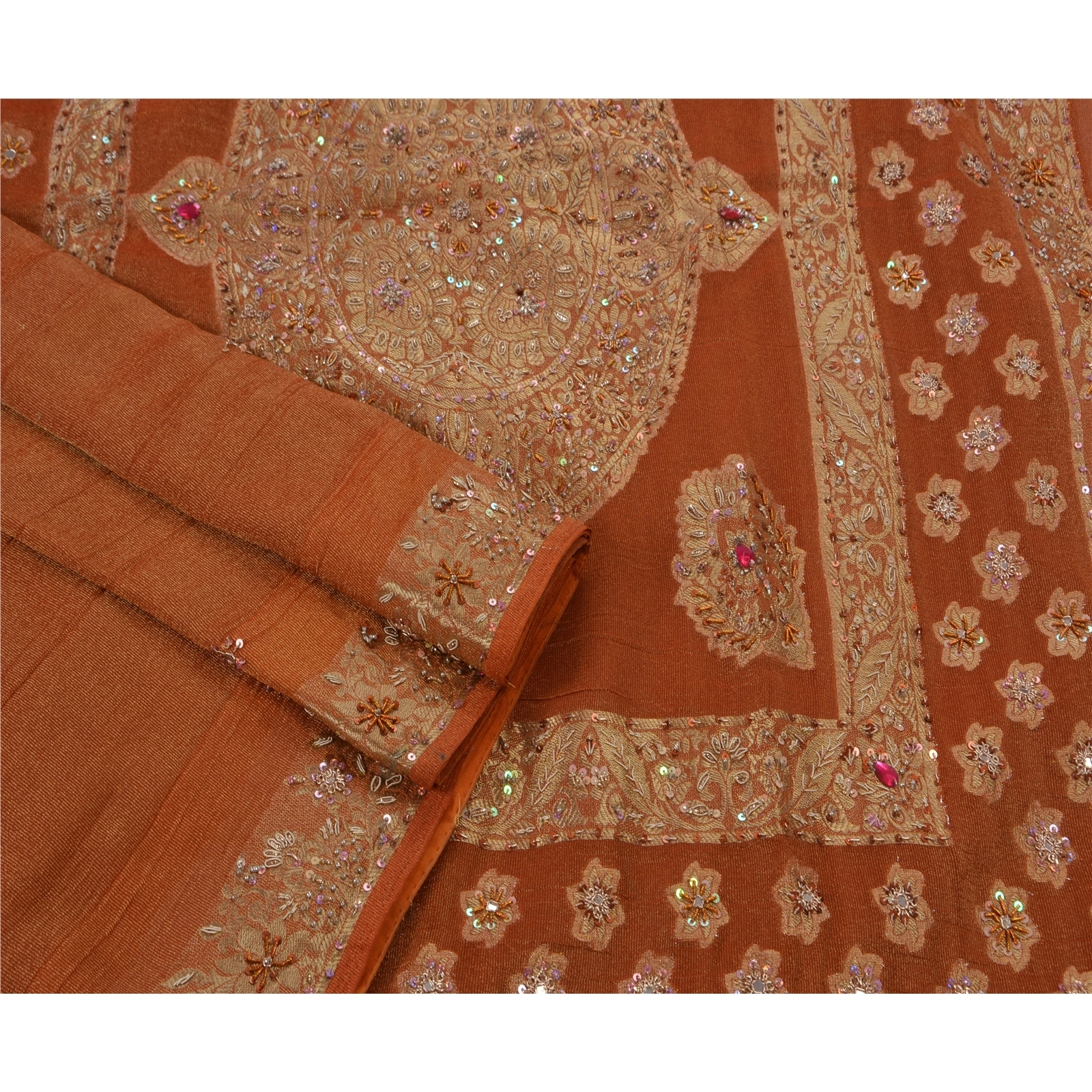 Sanskriti Vintage Orange Indian Sarees Georgette Fabric Hand Embroidery Sari, PS-48175-Orange-Woven Work With Hand Beaded-Georgette-2