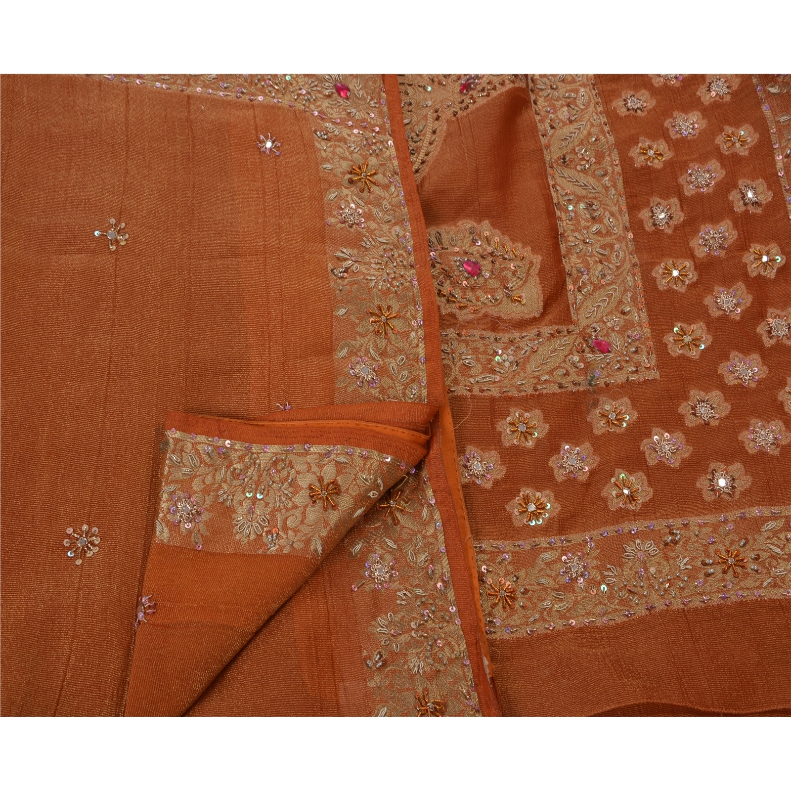 Sanskriti Vintage Orange Indian Sarees Georgette Fabric Hand Embroidery Sari, PS-48175-Orange-Woven Work With Hand Beaded-Georgette-3