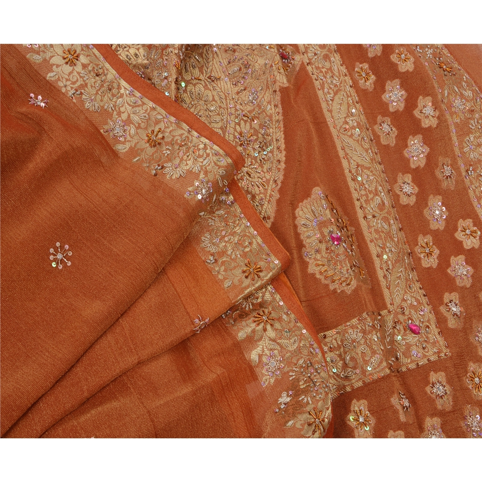 Sanskriti Vintage Orange Indian Sarees Georgette Fabric Hand Embroidery Sari, PS-48175-Orange-Woven Work With Hand Beaded-Georgette-6