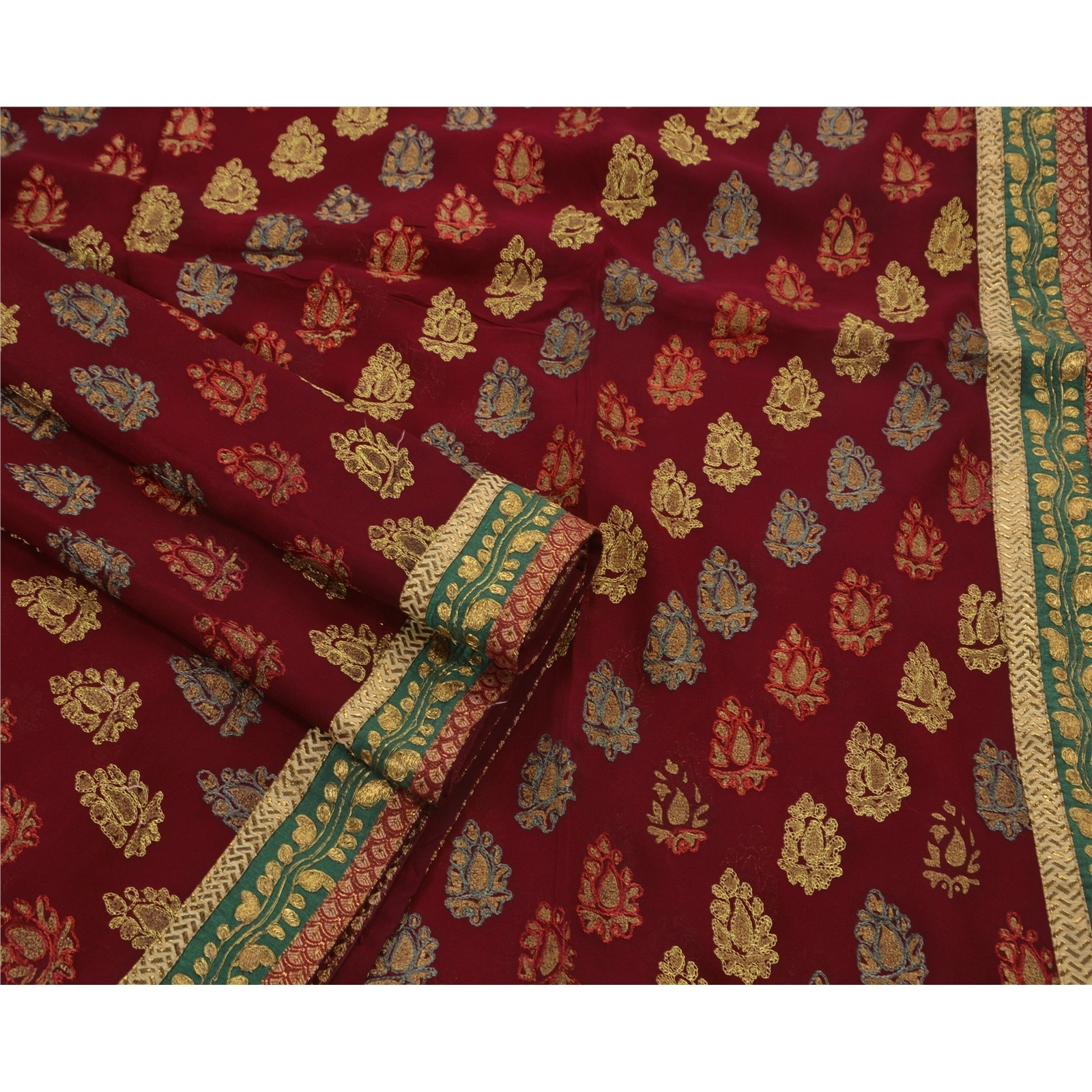 Sanskriti Vintage Sarees Blend Georgette Hand Beaded Craft Fabric Premium Sari, PS-48196-Dark Red-Thread Work-Blend Georgette-2