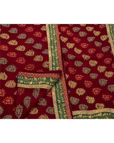 Sanskriti Vintage Sarees Blend Georgette Hand Beaded Craft Fabric Premium Sari, PS-48196-Dark Red-Thread Work-Blend Georgette-3
