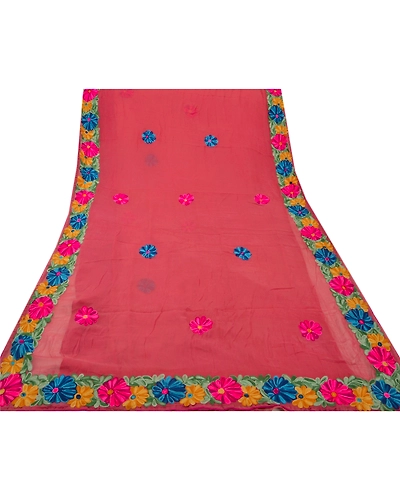 Sanskriti Vintage Pink Sarees Blend Georgette Hand Embroider Fabric Premium Sari, PS-48205-Pink-Thread Work-Blend Georgette-8