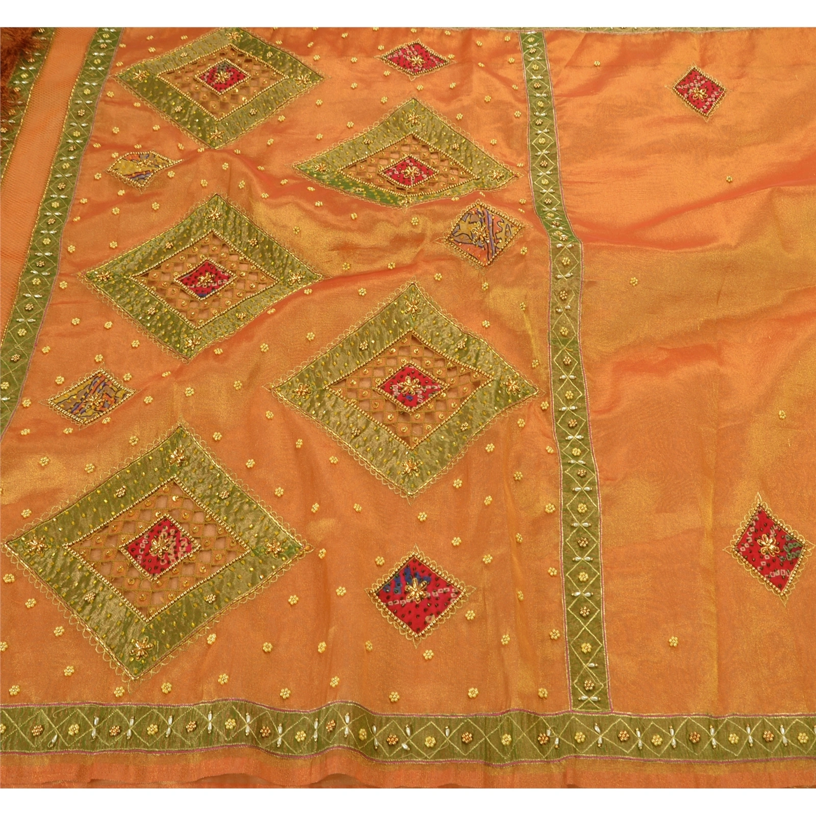 Sanskriti Vintage Sarees Tissue Silk Hand Embroidery Craft Fabric Premium Sari, PS-48237-Orange-Hand Beaded With Patch Work-Tissue-1