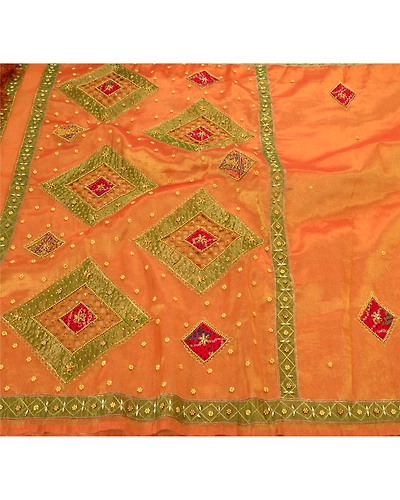 Sanskriti Vintage Sarees Tissue Silk Hand Embroidery Craft Fabric Premium Sari, PS-48237-Orange-Hand Beaded With Patch Work-Tissue-1
