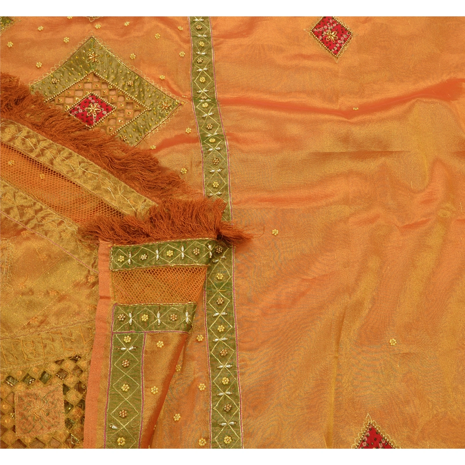 Sanskriti Vintage Sarees Tissue Silk Hand Embroidery Craft Fabric Premium Sari, PS-48237-Orange-Hand Beaded With Patch Work-Tissue-2