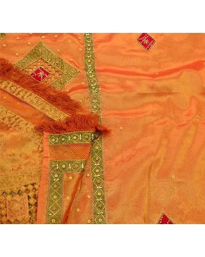 Sanskriti Vintage Sarees Tissue Silk Hand Embroidery Craft Fabric Premium Sari, PS-48237-Orange-Hand Beaded With Patch Work-Tissue-2