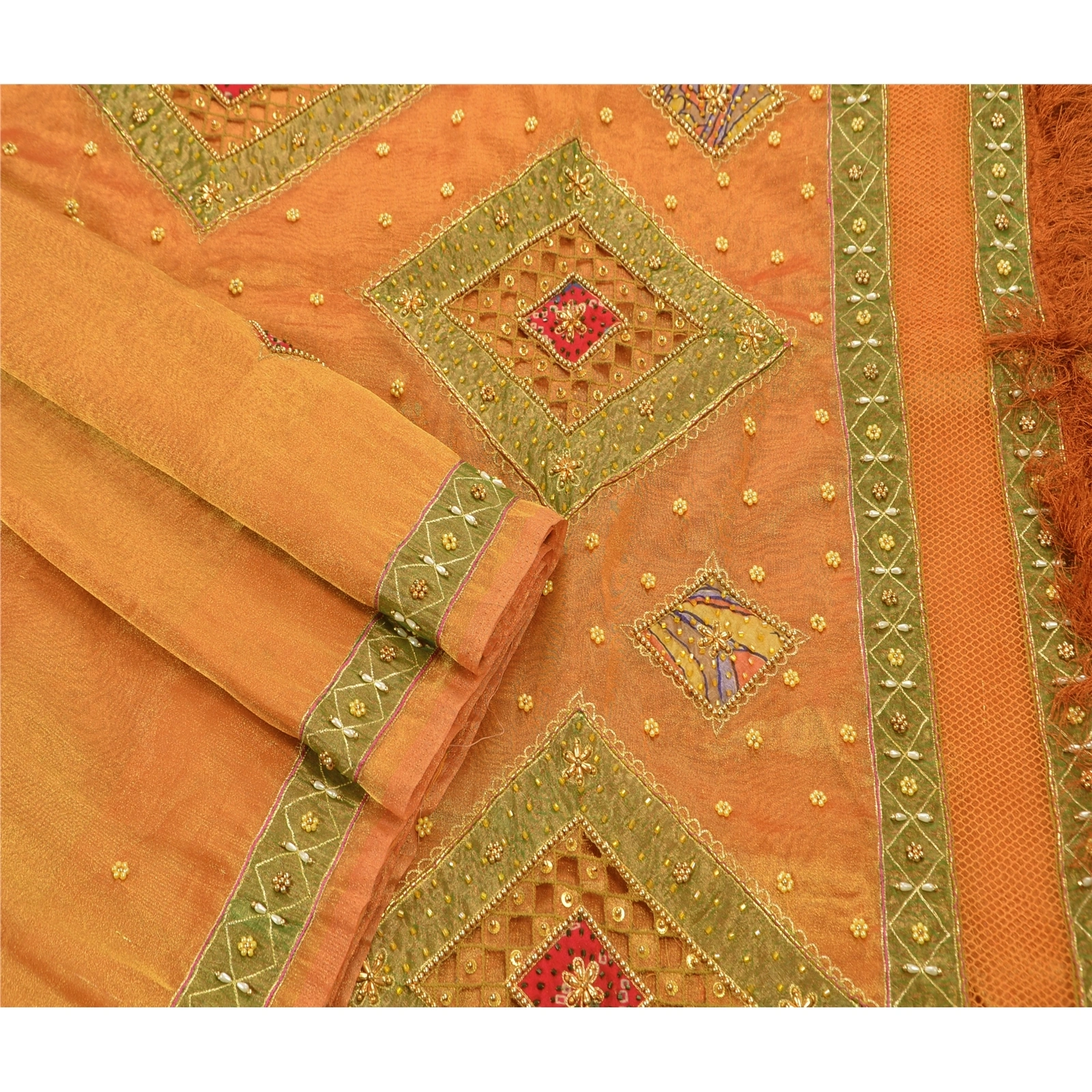 Sanskriti Vintage Sarees Tissue Silk Hand Embroidery Craft Fabric Premium Sari, PS-48237-Orange-Hand Beaded With Patch Work-Tissue-3