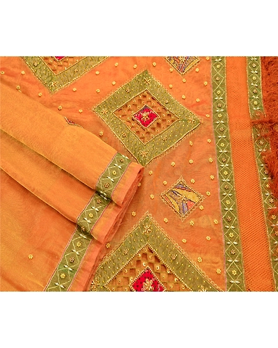 Sanskriti Vintage Sarees Tissue Silk Hand Embroidery Craft Fabric Premium Sari, PS-48237-Orange-Hand Beaded With Patch Work-Tissue-3