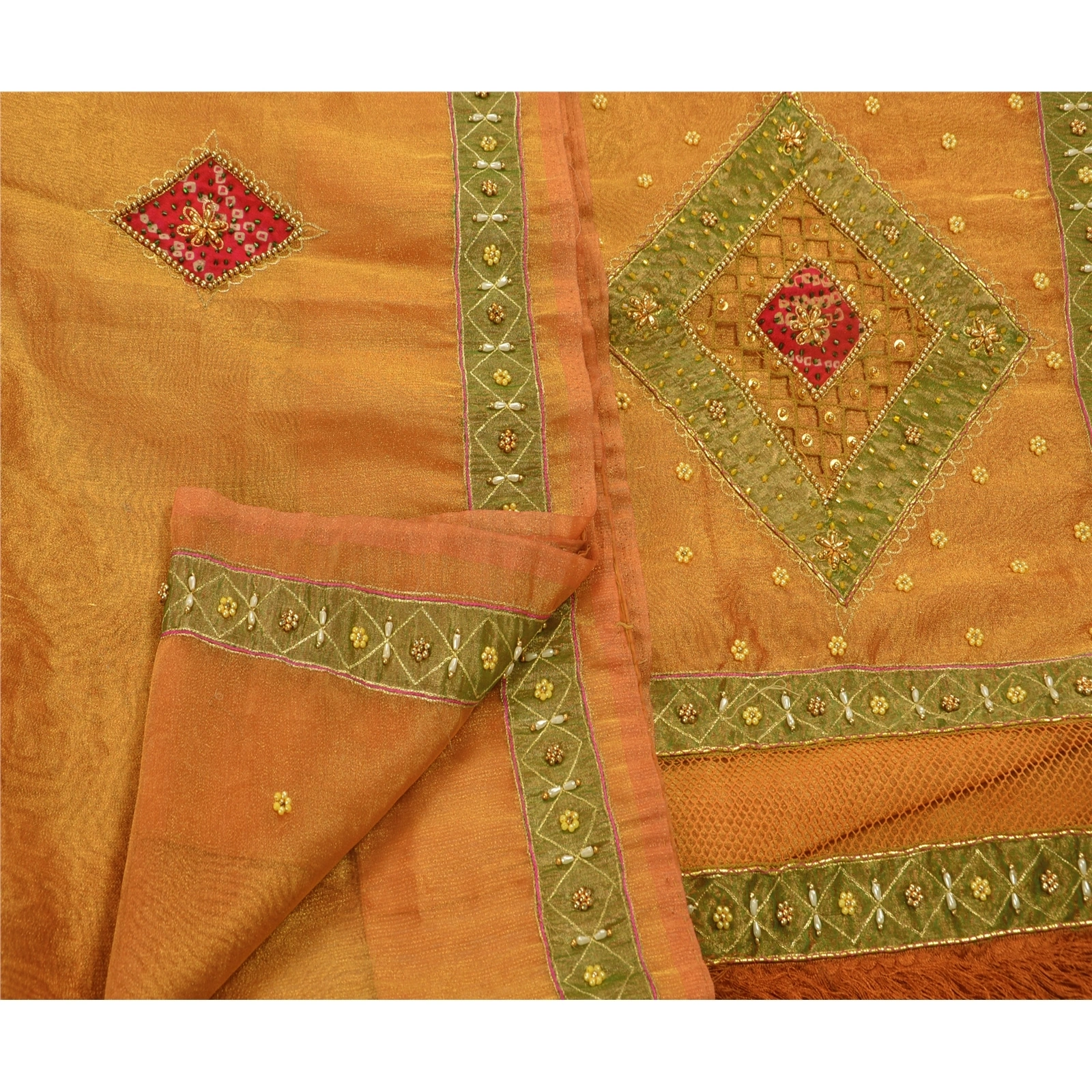 Sanskriti Vintage Sarees Tissue Silk Hand Embroidery Craft Fabric Premium Sari, PS-48237-Orange-Hand Beaded With Patch Work-Tissue-4