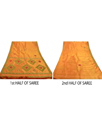 Sanskriti Vintage Sarees Tissue Silk Hand Embroidery Craft Fabric Premium Sari, PS-48237-Orange-Hand Beaded With Patch Work-Tissue-5
