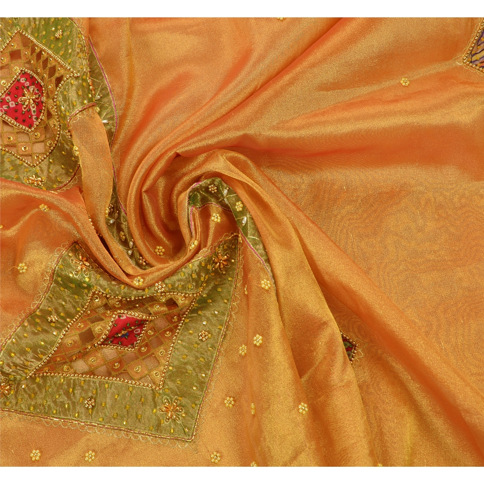 Sanskriti Vintage Sarees Tissue Silk Hand Embroidery Craft Fabric Premium Sari, PS-48237-Orange-Hand Beaded With Patch Work-Tissue-6